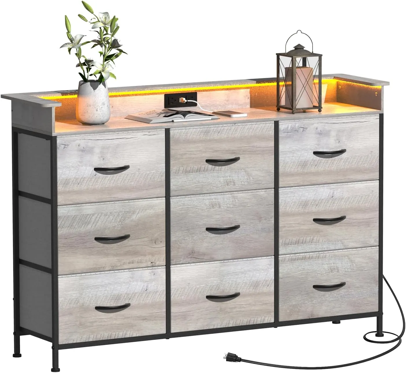 EXOTICA Dresser with Charge Station 9 Drawers Dresser for Bedroom with LED Lights Tall Wide Fabric Dressers & Chests of Drawers for Closet Hallway Entryway Sturdy Steel Frame Wood Top