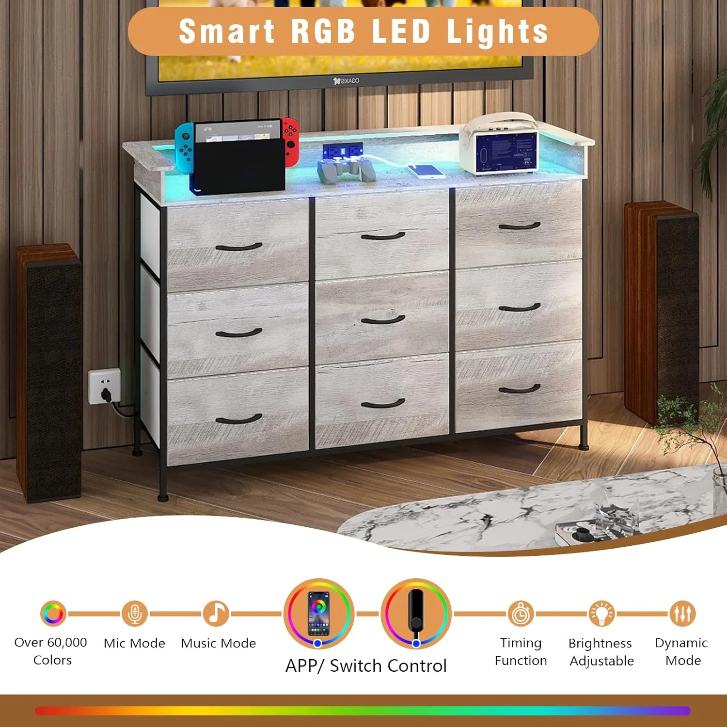 EXOTICA Dresser with Charge Station 9 Drawers Dresser for Bedroom with LED Lights Tall Wide Fabric Dressers & Chests of Drawers for Closet Hallway Entryway Sturdy Steel Frame Wood Top