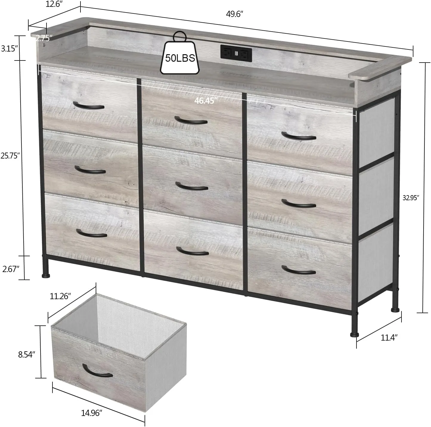 EXOTICA Dresser with Charge Station 9 Drawers Dresser for Bedroom with LED Lights Tall Wide Fabric Dressers & Chests of Drawers for Closet Hallway Entryway Sturdy Steel Frame Wood Top