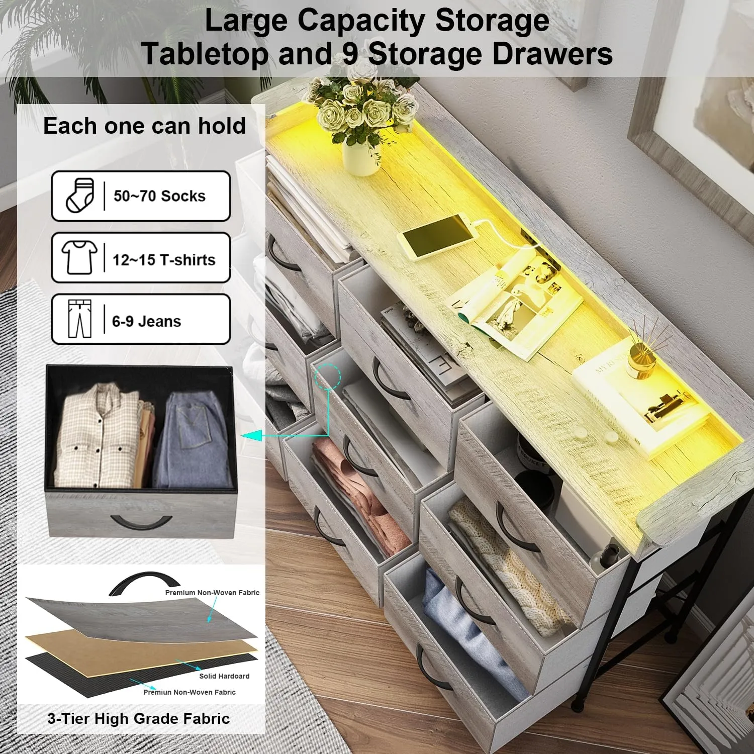 EXOTICA Dresser with Charge Station 9 Drawers Dresser for Bedroom with LED Lights Tall Wide Fabric Dressers & Chests of Drawers for Closet Hallway Entryway Sturdy Steel Frame Wood Top