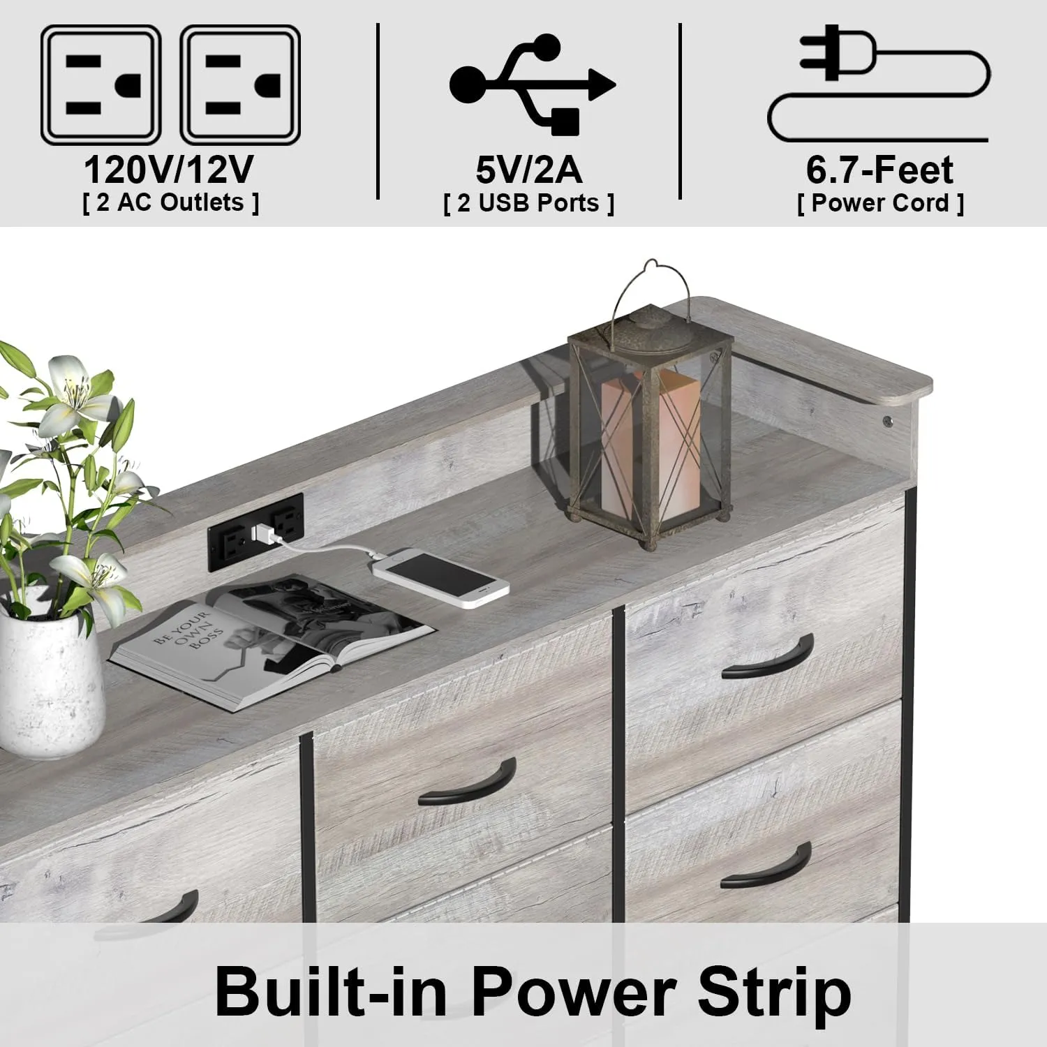 EXOTICA Dresser with Charge Station 9 Drawers Dresser for Bedroom with LED Lights Tall Wide Fabric Dressers & Chests of Drawers for Closet Hallway Entryway Sturdy Steel Frame Wood Top