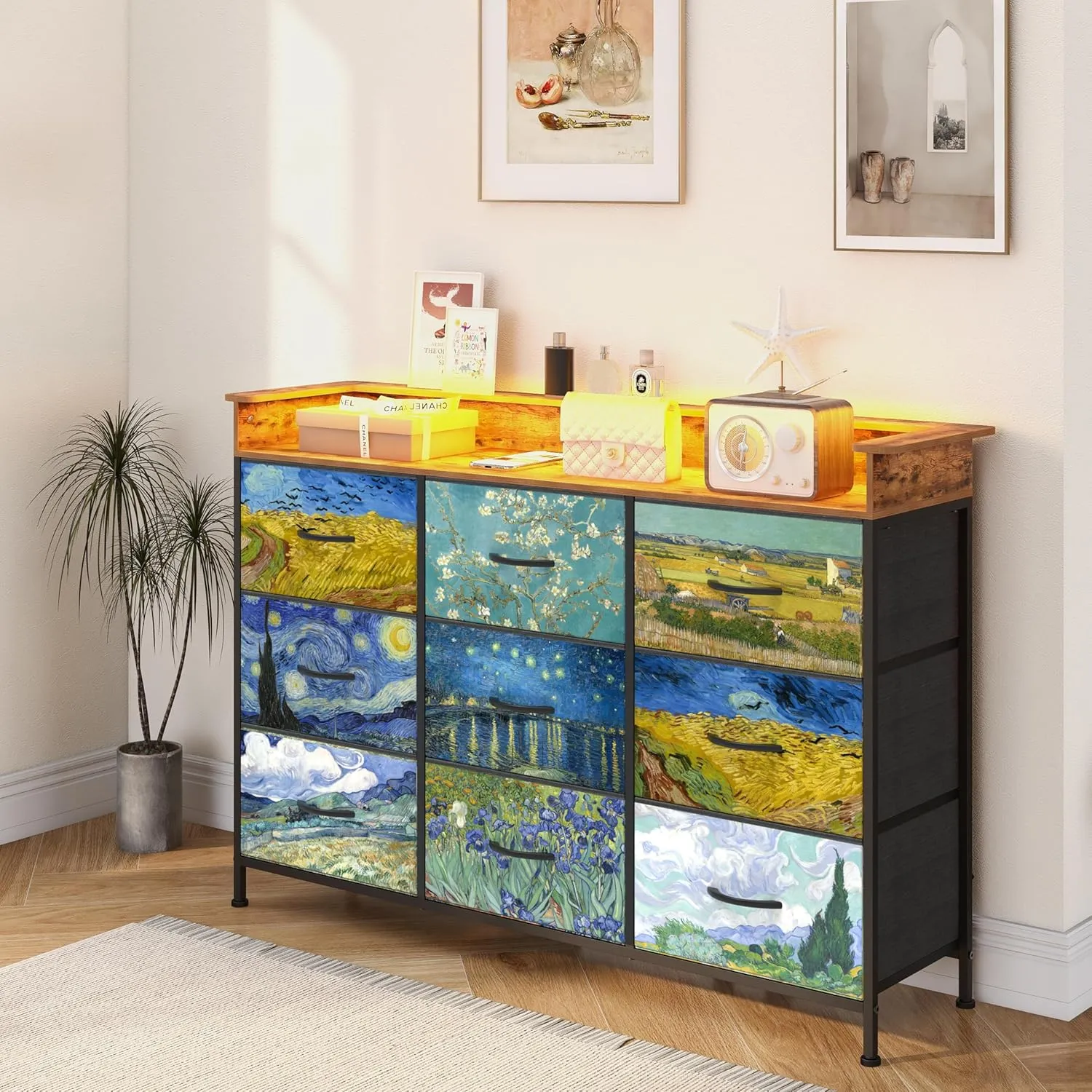 EXOTICA Welfuturer Dresser for Bedroom Van Gogh Dressers with 9 Drawers Chest of Drawers Fabric Clothes Drawer Fabric Closet Organizer for Living Room Entryway Nursery Sturdy Steel Frame Wood Top