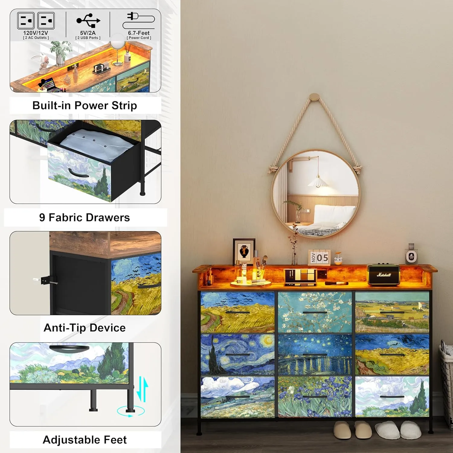 EXOTICA Welfuturer Dresser for Bedroom Van Gogh Dressers with 9 Drawers Chest of Drawers Fabric Clothes Drawer Fabric Closet Organizer for Living Room Entryway Nursery Sturdy Steel Frame Wood Top