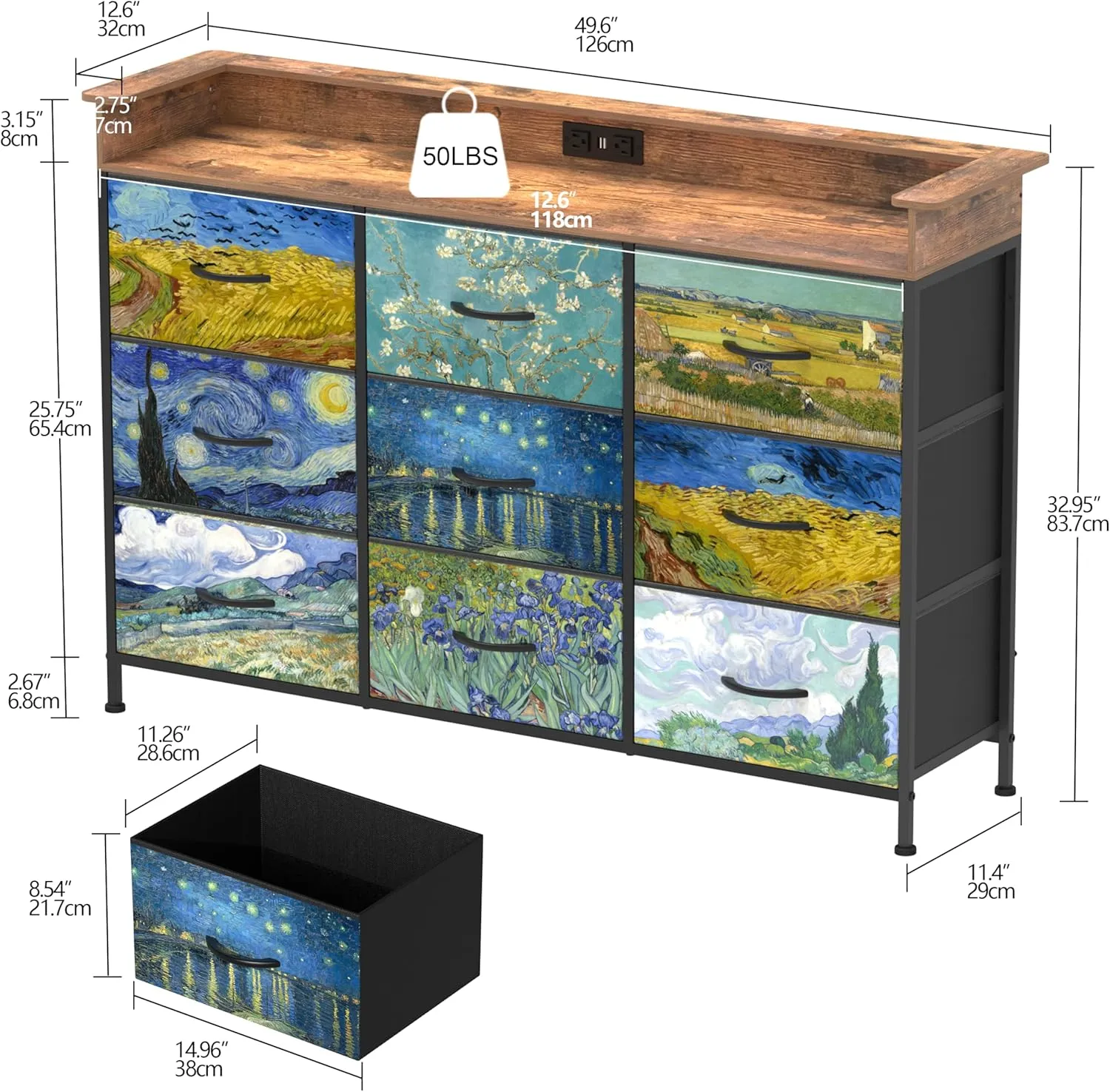 EXOTICA Welfuturer Dresser for Bedroom Van Gogh Dressers with 9 Drawers Chest of Drawers Fabric Clothes Drawer Fabric Closet Organizer for Living Room Entryway Nursery Sturdy Steel Frame Wood Top