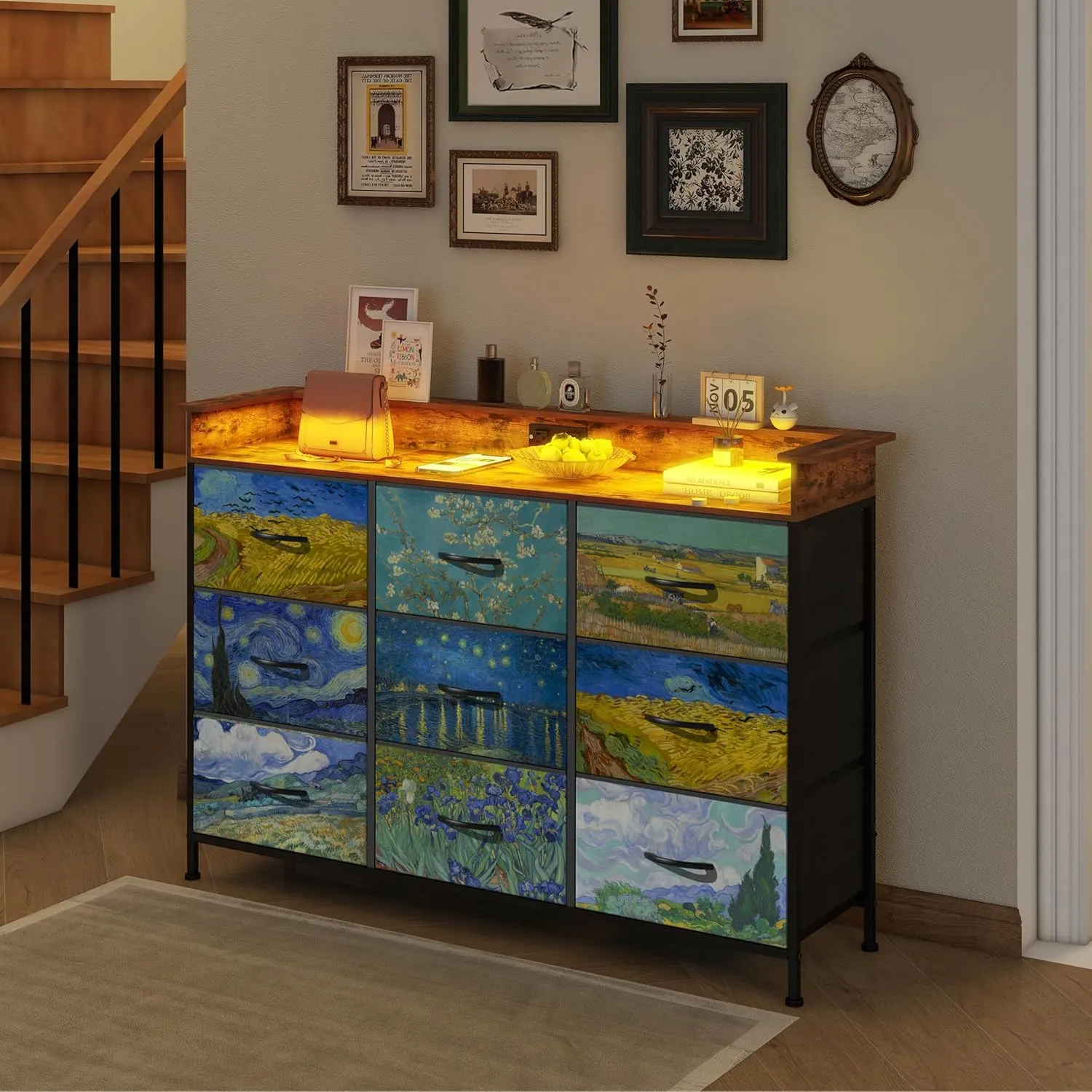 EXOTICA Welfuturer Dresser for Bedroom Van Gogh Dressers with 9 Drawers Chest of Drawers Fabric Clothes Drawer Fabric Closet Organizer for Living Room Entryway Nursery Sturdy Steel Frame Wood Top