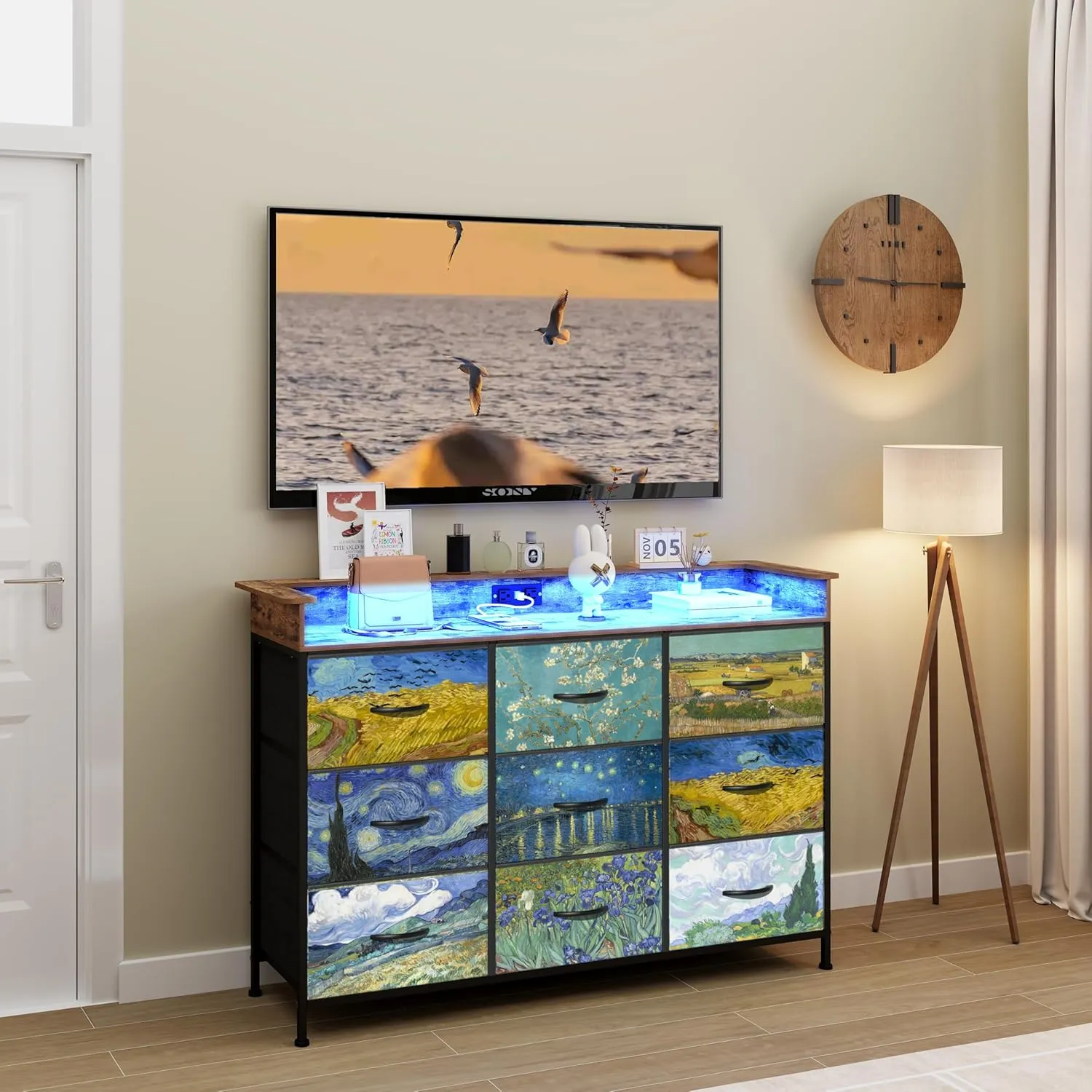 EXOTICA Welfuturer Dresser for Bedroom Van Gogh Dressers with 9 Drawers Chest of Drawers Fabric Clothes Drawer Fabric Closet Organizer for Living Room Entryway Nursery Sturdy Steel Frame Wood Top