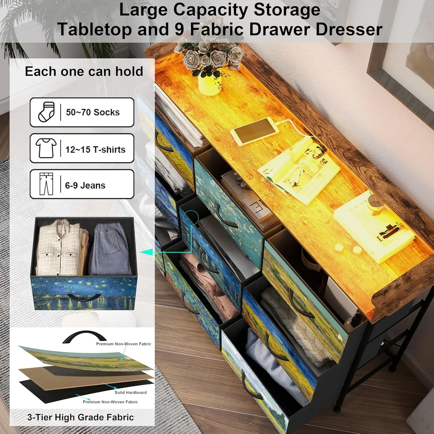 EXOTICA Welfuturer Dresser for Bedroom Van Gogh Dressers with 9 Drawers Chest of Drawers Fabric Clothes Drawer Fabric Closet Organizer for Living Room Entryway Nursery Sturdy Steel Frame Wood Top