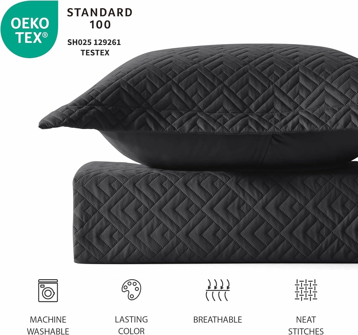 EXQ Home Quilt Set King Size Black 3 Piece,Lightweight Soft Coverlet Modern Style Squares Pattern Bedspread Set for All Season(1 Quilt,2 Pillow Shams)
