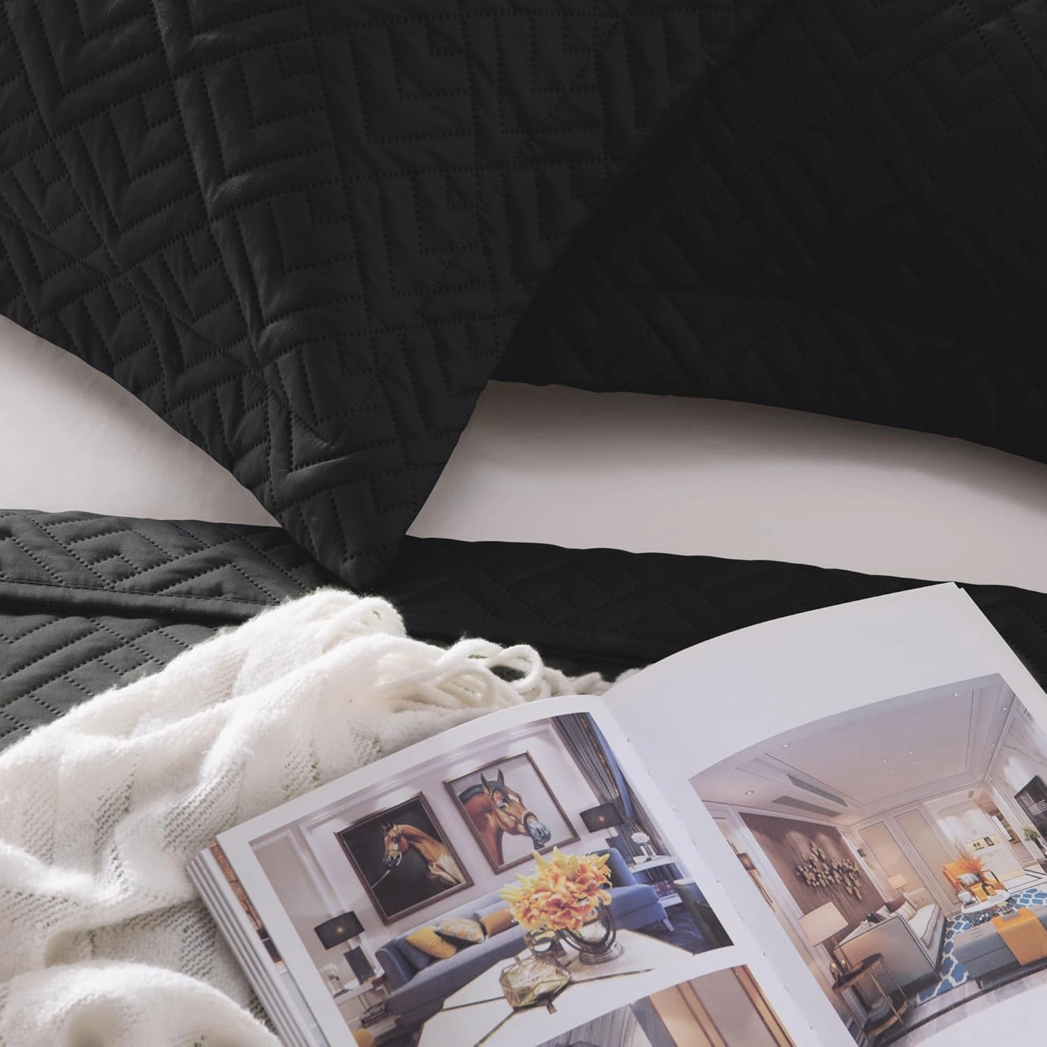 EXQ Home Quilt Set King Size Black 3 Piece,Lightweight Soft Coverlet Modern Style Squares Pattern Bedspread Set for All Season(1 Quilt,2 Pillow Shams)
