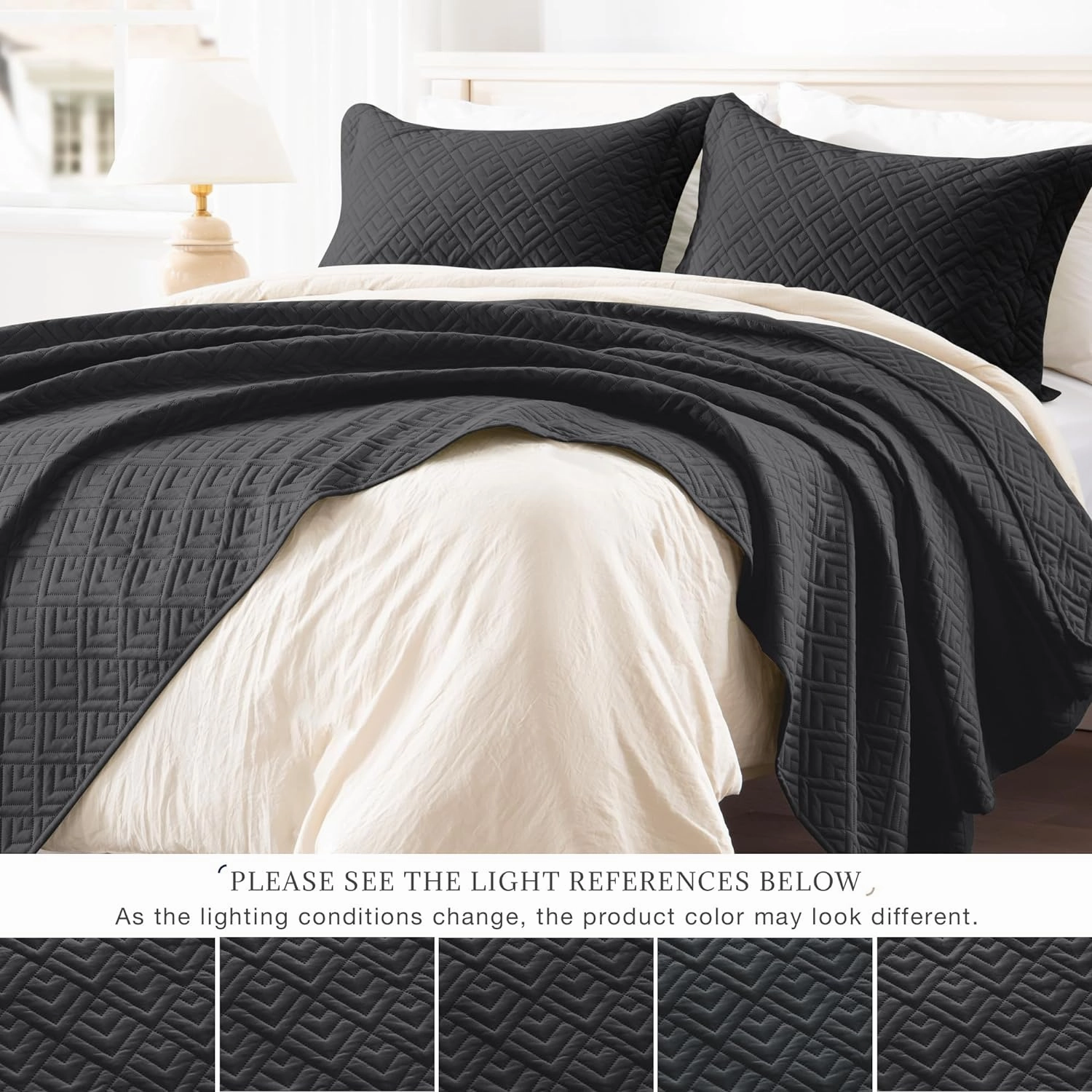 EXQ Home Quilt Set King Size Black 3 Piece,Lightweight Soft Coverlet Modern Style Squares Pattern Bedspread Set for All Season(1 Quilt,2 Pillow Shams)