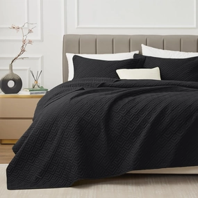 EXQ Home Quilt Set King Size Black 3 Piece,Lightweight Soft Coverlet Modern Style Squares Pattern Bedspread Set for All Season(1 Quilt,2 Pillow Shams)
