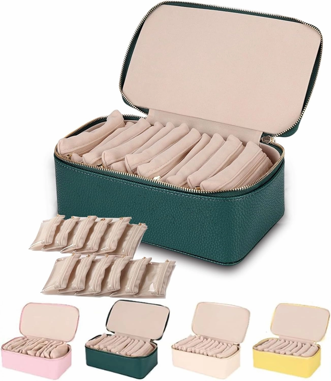 Familiarn Travel Jewelry Box with Small Pouches, Portable PU Leather Jewelry Organizer Box, with 12-piece set in Separate Bags, Large Capacity Waterproof (Green)