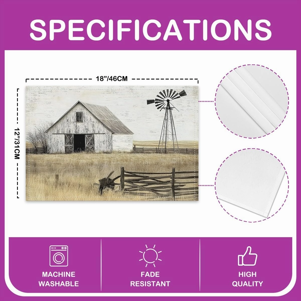 Farmhouse 4 PCS of Placemats 12x18 Rustic Barn Place Mats for Kids Adults Country Landscape Windmill Horizontal Table Mats Countryside Rural Nature Cene Placemats