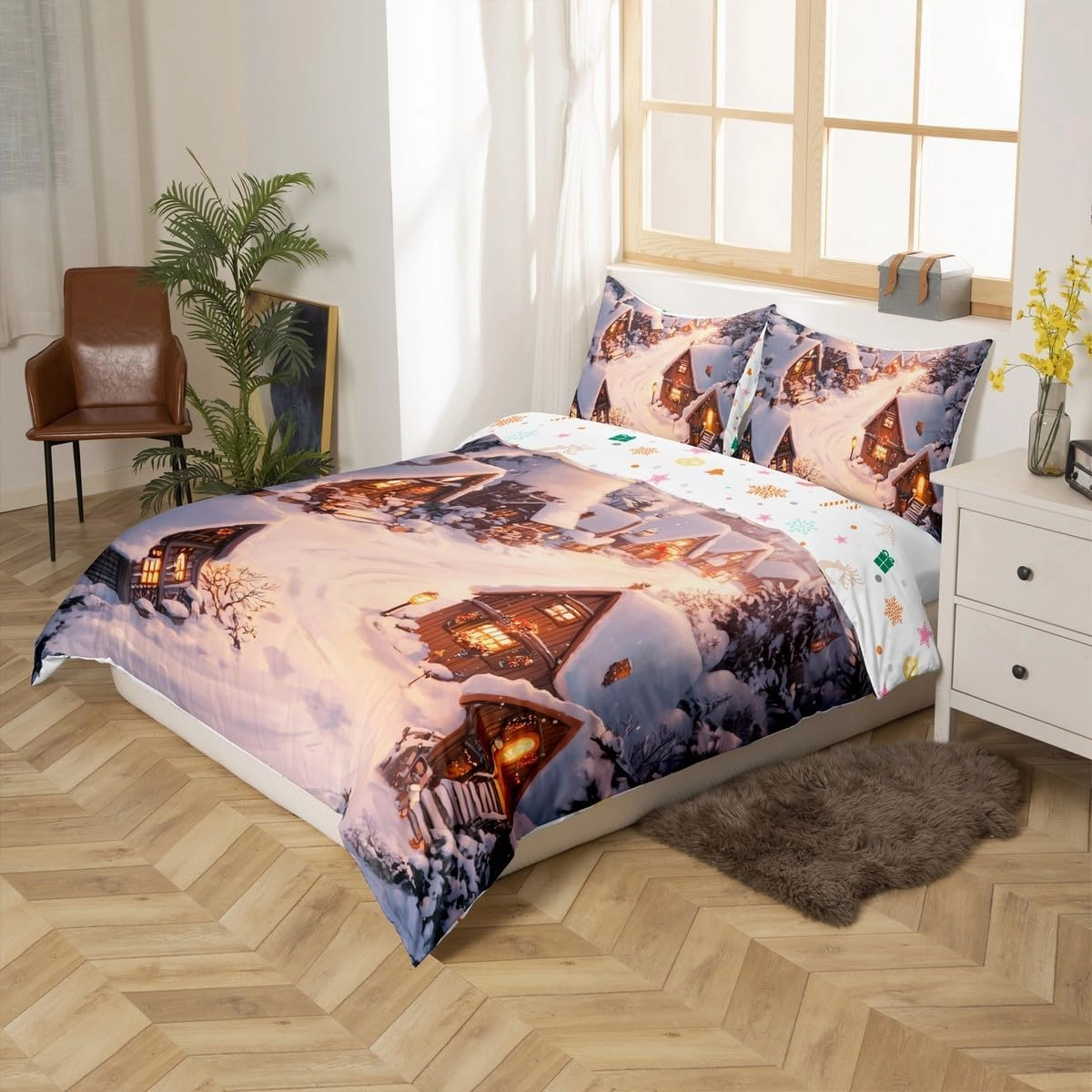 Farmhouse Duvet Cover Set Winter Theme Christmas Rustic Style Bedding Sets for Kids Teens Adults Retro Wood Cabin Jungle Pine Tree Quilt Cover with 2 Pillowcases(No Comforter)Full Size 3 Pcs