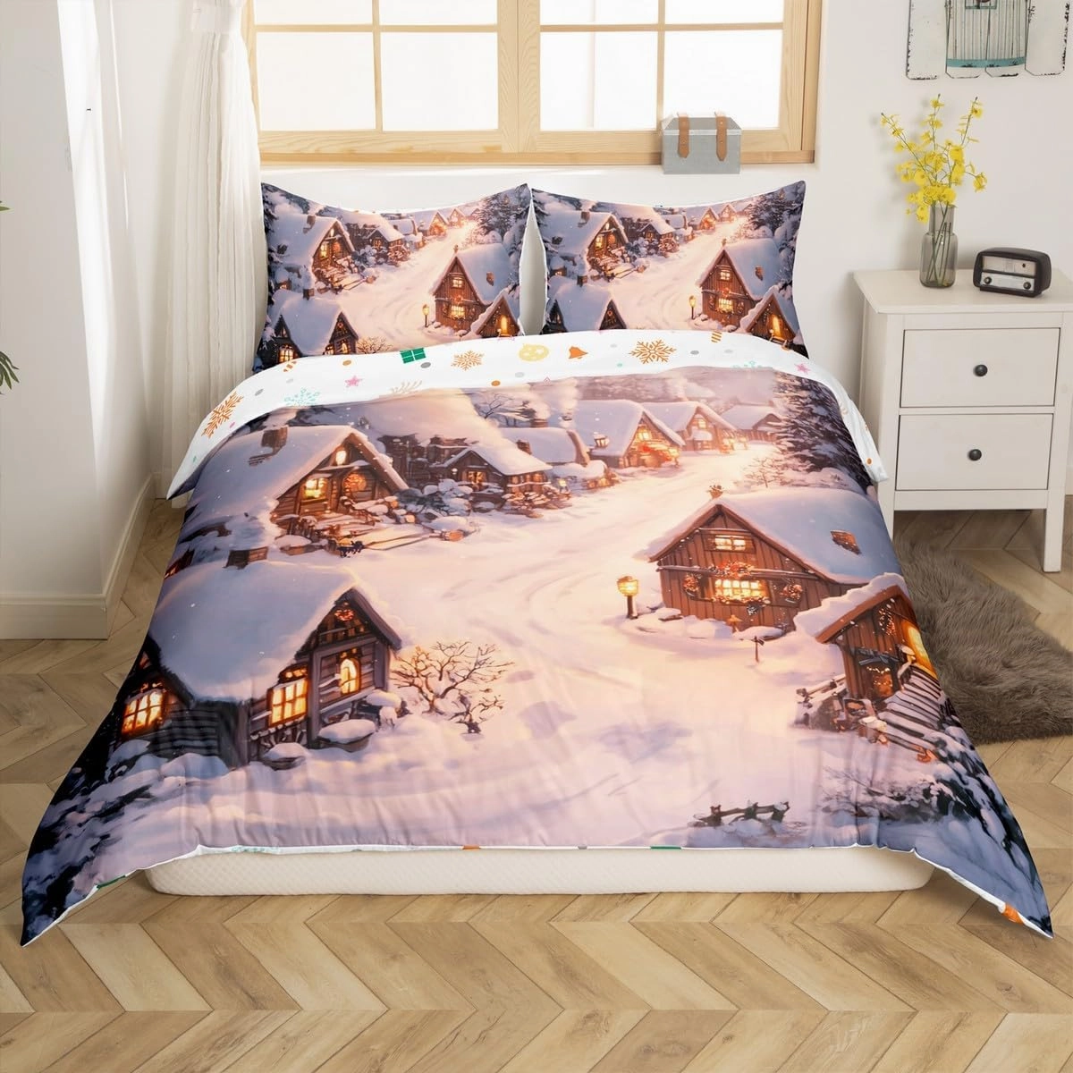 Farmhouse Duvet Cover Set Winter Theme Christmas Rustic Style Bedding Sets for Kids Teens Adults Retro Wood Cabin Jungle Pine Tree Quilt Cover with 2 Pillowcases(No Comforter)Full Size 3 Pcs