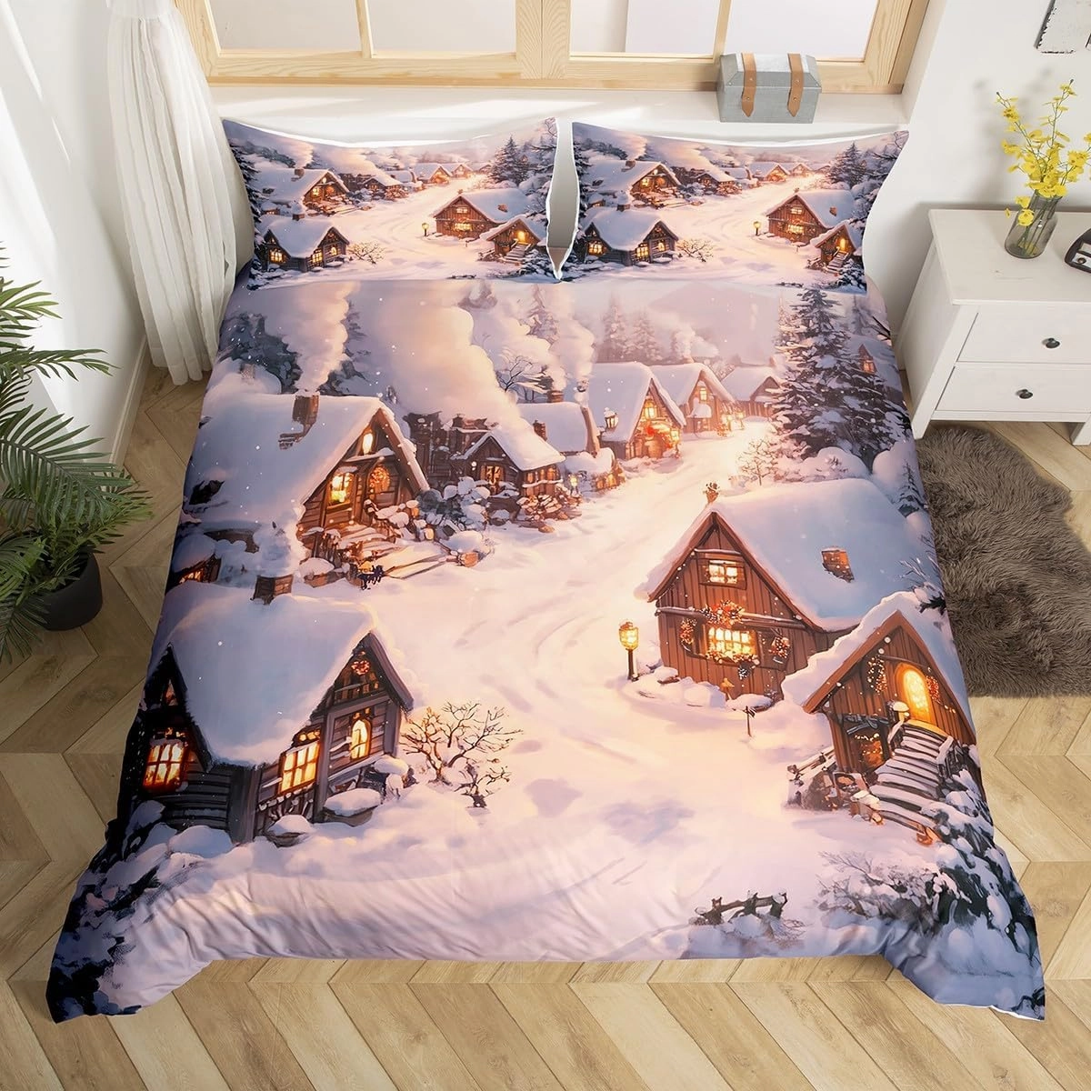 Farmhouse Duvet Cover Set Winter Theme Christmas Rustic Style Bedding Sets for Kids Teens Adults Retro Wood Cabin Jungle Pine Tree Quilt Cover with 2 Pillowcases(No Comforter)Full Size 3 Pcs