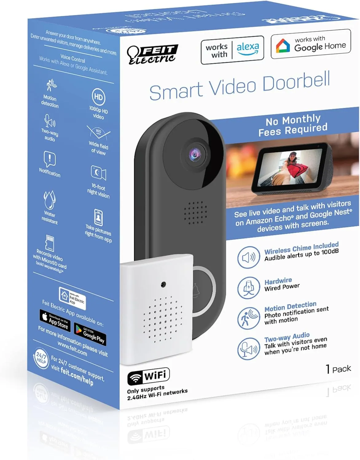 Feit Electric Doorbell Camera, 2.4 GHz WiFi, No Hub, Two-Way Audio, Motion Detection, Night Vision, 1080p HD, Micro SD Card Storage, Wireless Chime Included, Hardwired, CAM/Door/WiFi
