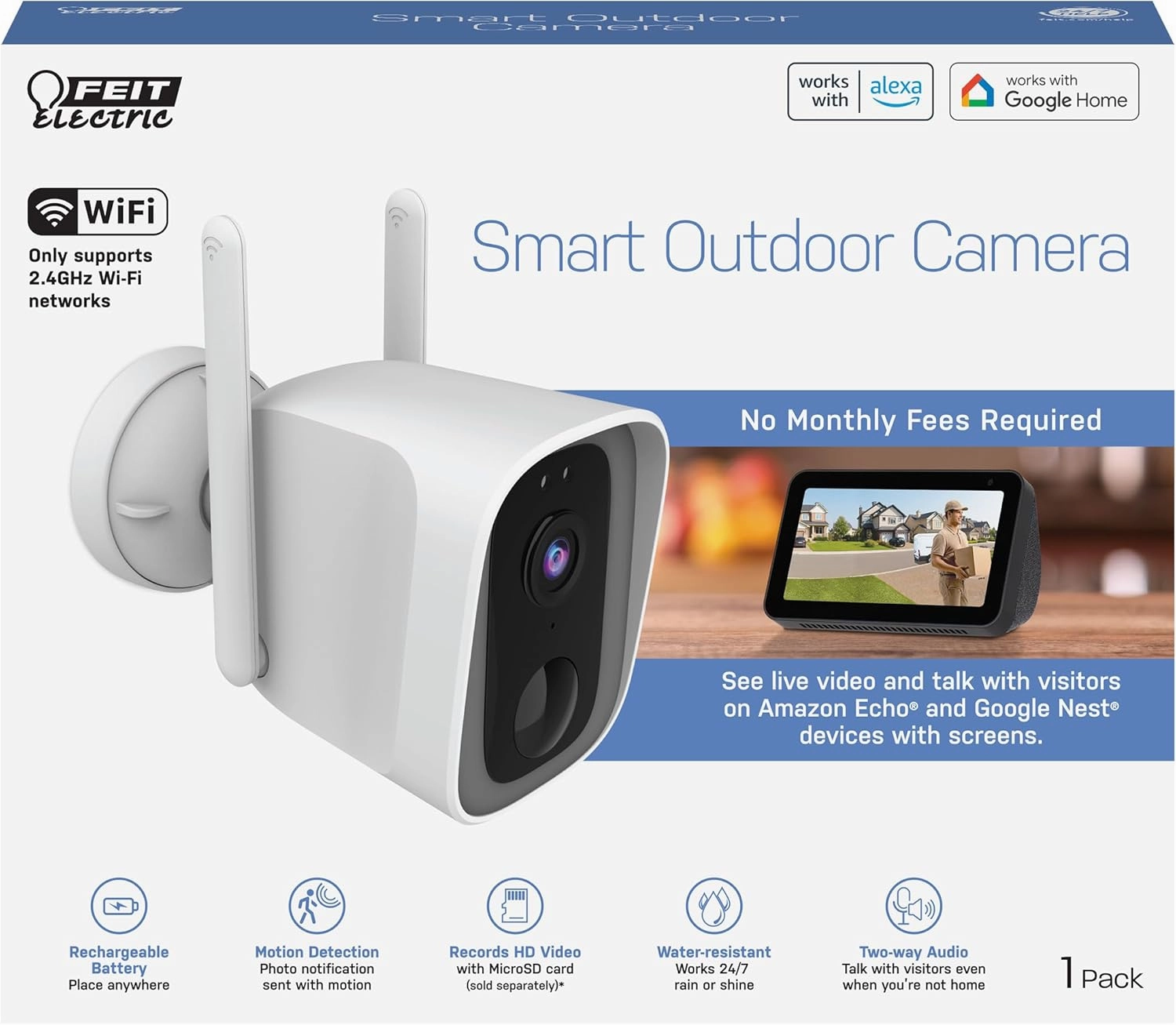 Feit Electric Smart Security Camera, 2.4GHz WiFi Smart Home Camera with Motion Detection, Night Vision, 2-Way Audio, 1080p HD Battery Powered, White, CAM/WM/WiFi/BAT