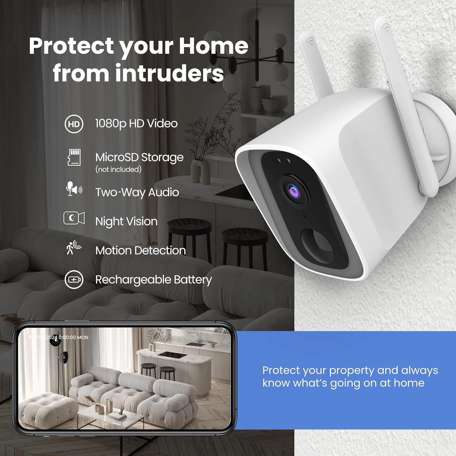 Feit Electric Smart Security Camera, 2.4GHz WiFi Smart Home Camera with Motion Detection, Night Vision, 2-Way Audio, 1080p HD Battery Powered, White, CAM/WM/WiFi/BAT