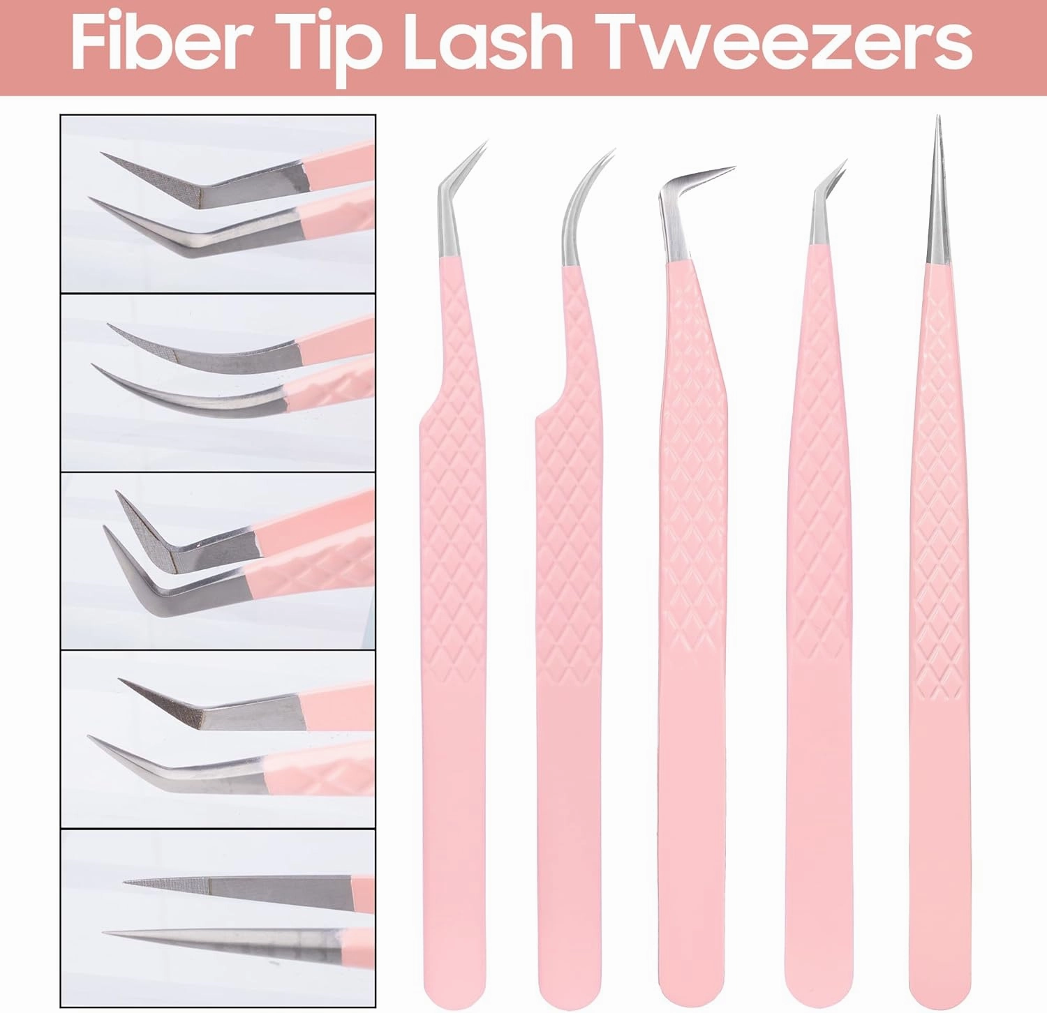 Fiber Tip Lash Tweezers for Eyelash Extensions, Professional Stainless Steel Lash Extension Tweezers for Volume Fan, Precision Supplies Work Best Tool（5Pcs Tweezer Set）