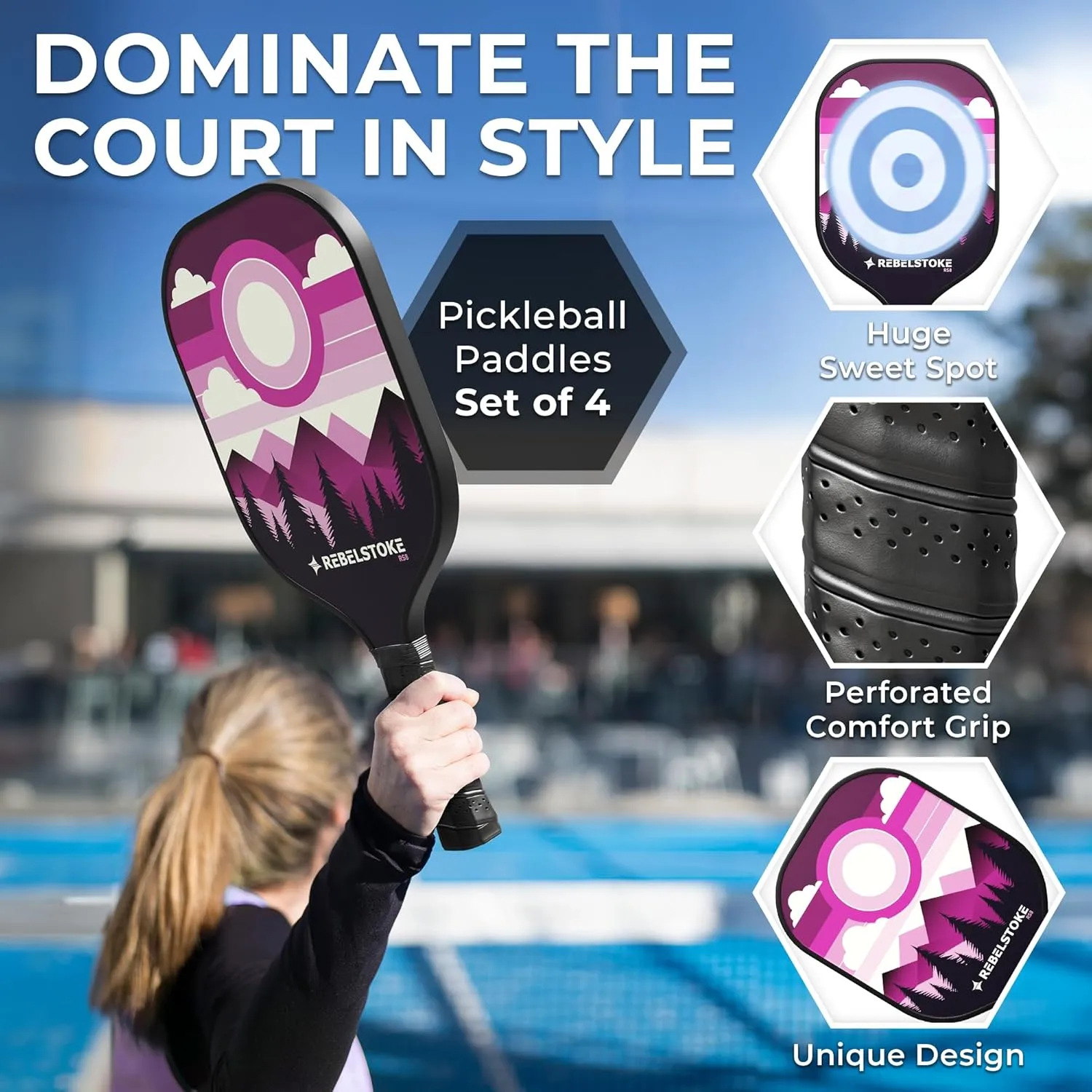Fiberglass Pickleball Paddles Set of 4 with bag - Pickleball Racket for Adults Comfort Grip, Indoor Outdoor Pickle Ball Kit, Pro Beginner Gear for Training, Pickle Ball Paddle for Women Men