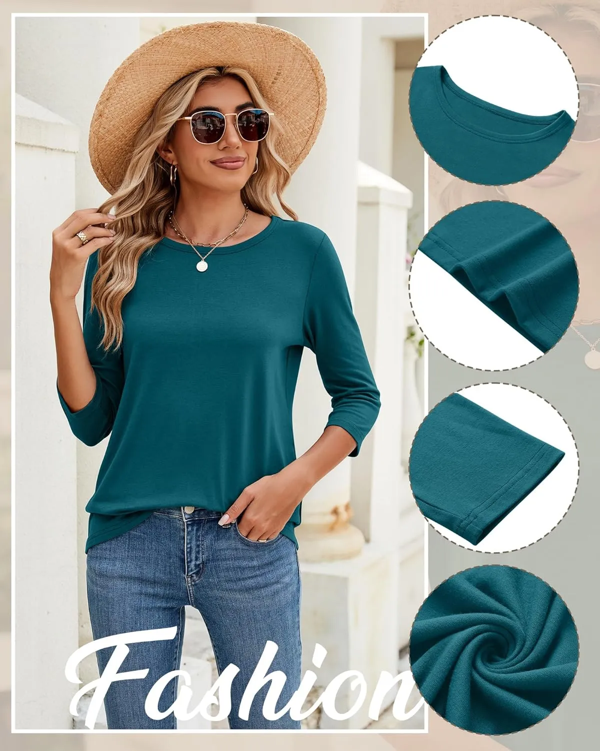 Ficerd 3 Pack 3/4 Sleeve Tops for Women Round Neck Dressy Basics Tees Casual Trendy Loose Fit T Shirts