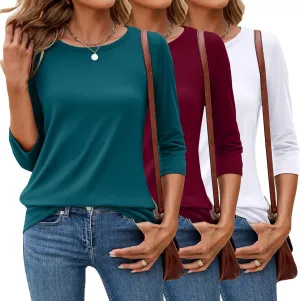 Ficerd 3 Pack 3/4 Sleeve Tops for Women Round Neck Dressy Basics Tees Casual Trendy Loose Fit T Shirts