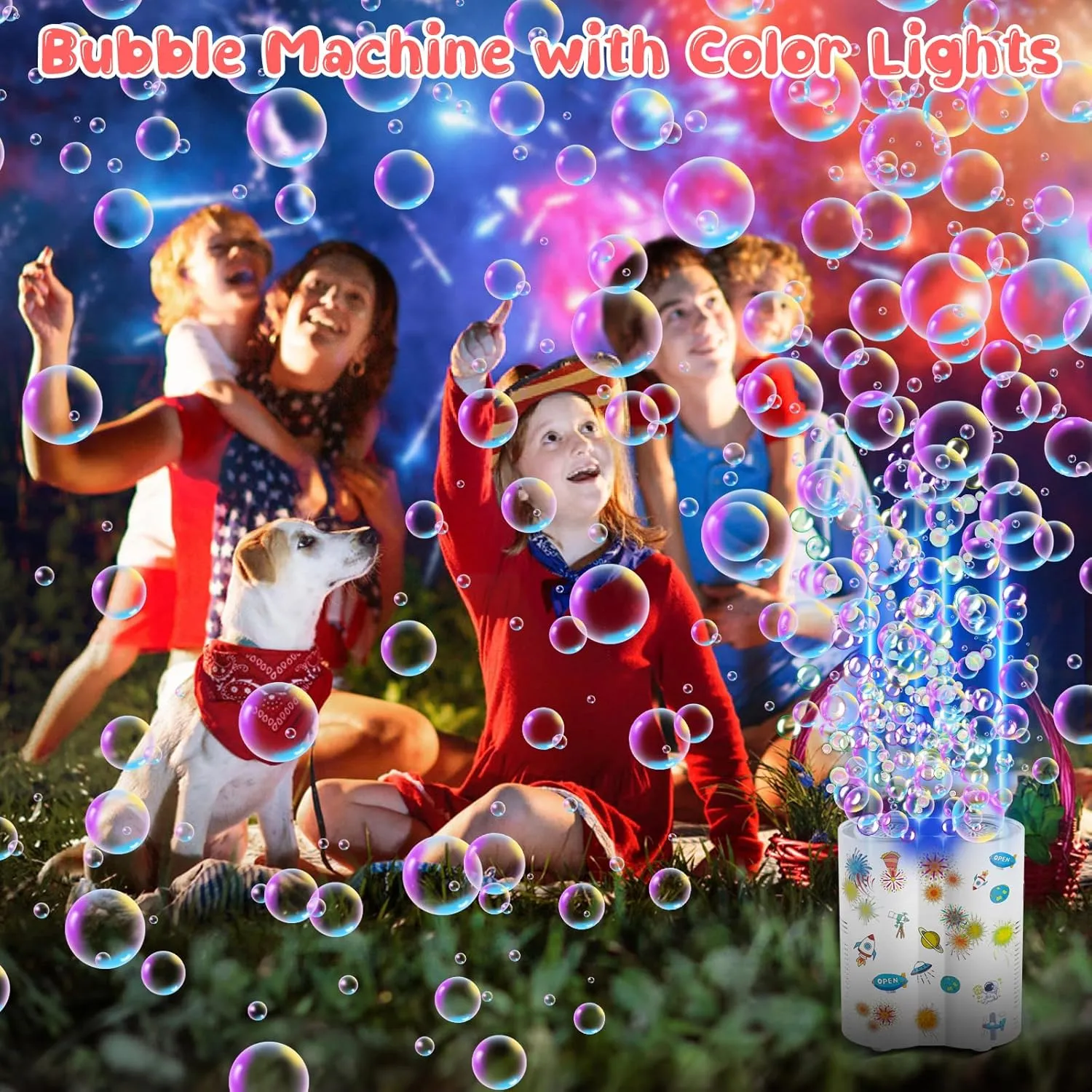 Fireworks Bubble Machine, Automatic Bubble Blower Maker for Kids 20000  Bubbles per Min, 26 Holes Bubble Machine with Lights/240ml Solution, DIY Sticker Bubble Toys for Outdoor Party Wedding