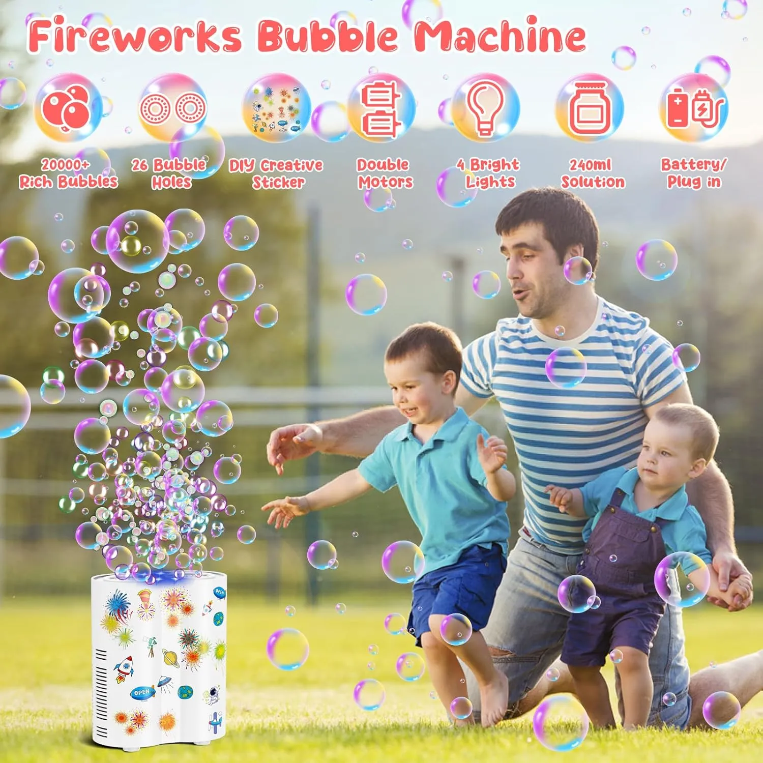 Fireworks Bubble Machine, Automatic Bubble Blower Maker for Kids 20000  Bubbles per Min, 26 Holes Bubble Machine with Lights/240ml Solution, DIY Sticker Bubble Toys for Outdoor Party Wedding