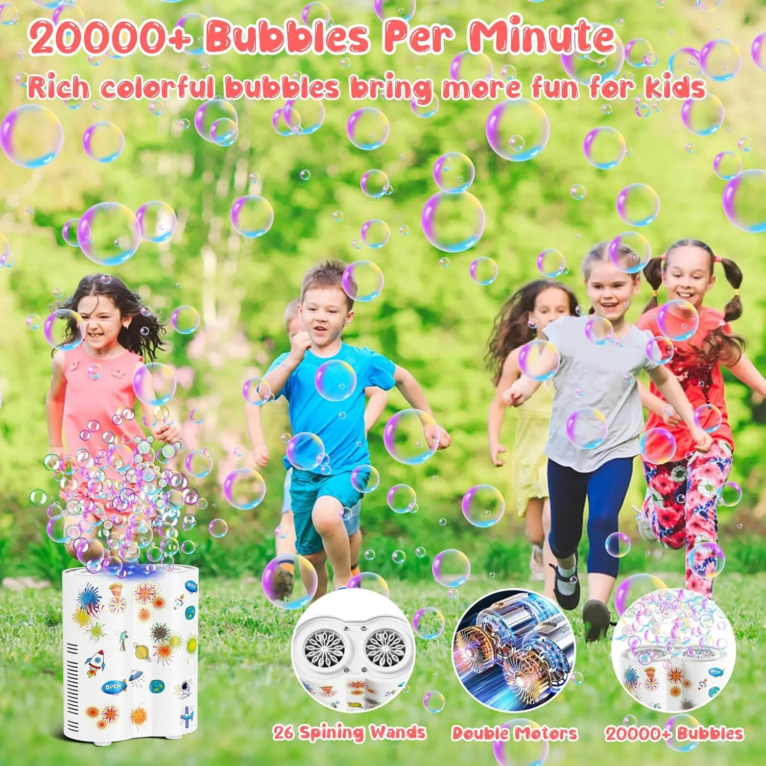 Fireworks Bubble Machine, Automatic Bubble Blower Maker for Kids 20000  Bubbles per Min, 26 Holes Bubble Machine with Lights/240ml Solution, DIY Sticker Bubble Toys for Outdoor Party Wedding