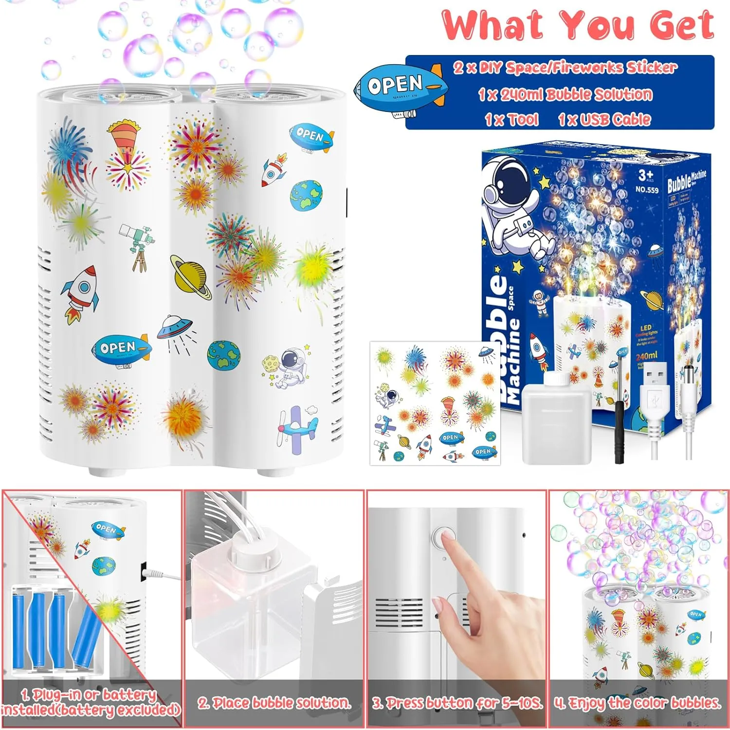 Fireworks Bubble Machine, Automatic Bubble Blower Maker for Kids 20000  Bubbles per Min, 26 Holes Bubble Machine with Lights/240ml Solution, DIY Sticker Bubble Toys for Outdoor Party Wedding