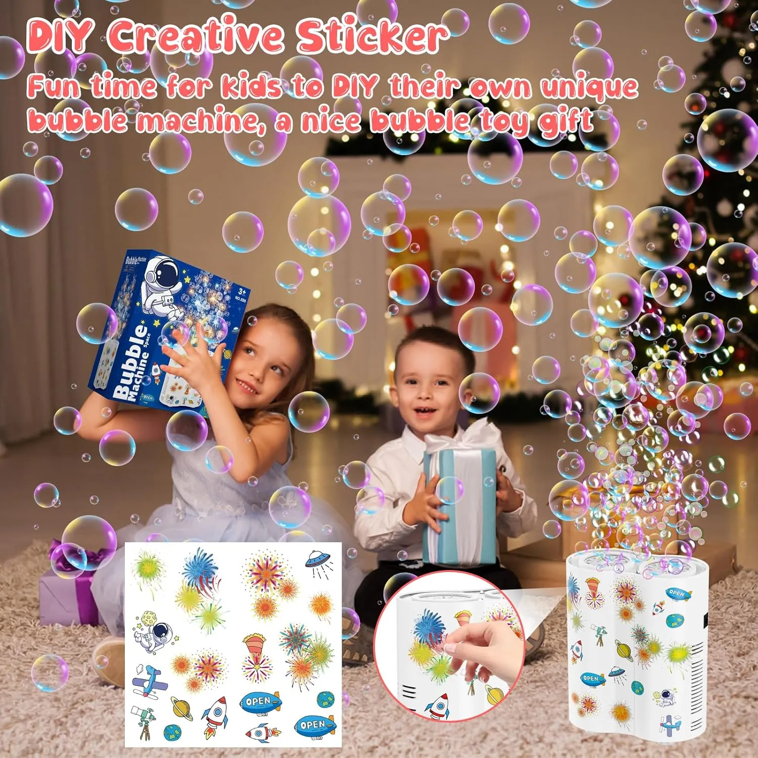 Fireworks Bubble Machine, Automatic Bubble Blower Maker for Kids 20000  Bubbles per Min, 26 Holes Bubble Machine with Lights/240ml Solution, DIY Sticker Bubble Toys for Outdoor Party Wedding