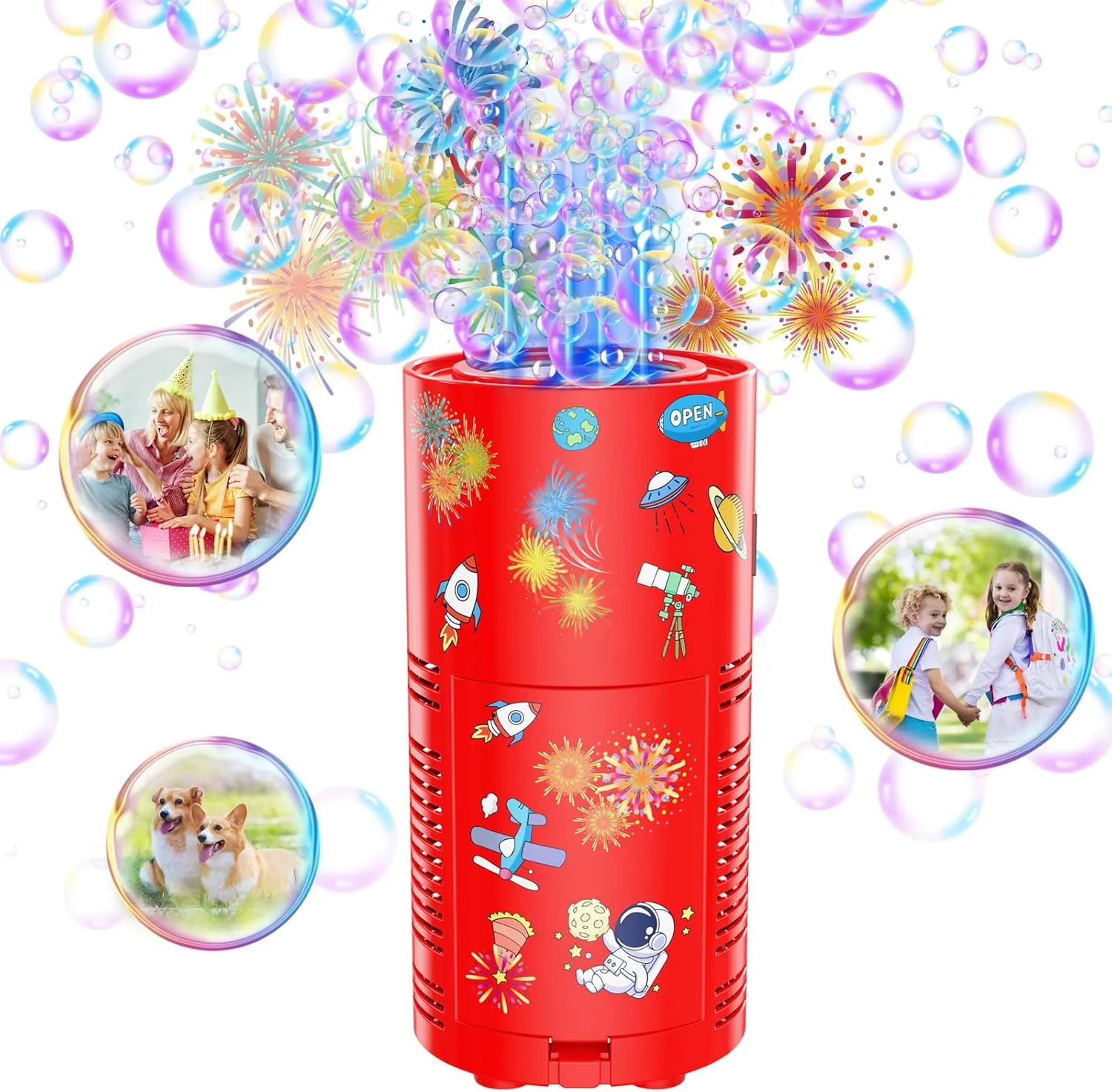 Fireworks Bubble Machine, Automatic Bubble Blower Rechargeable with Lights/DIY Sticker/10000  Bubbles/80ml Solution, Portable Bubble Machine Bubble Maker Toys for Kids Outdoor Party Wedding