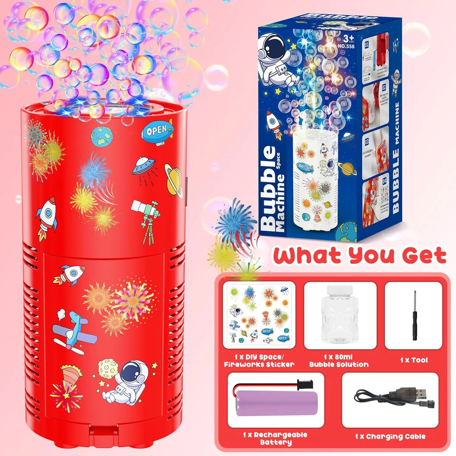 Fireworks Bubble Machine, Automatic Bubble Blower Rechargeable with Lights/DIY Sticker/10000  Bubbles/80ml Solution, Portable Bubble Machine Bubble Maker Toys for Kids Outdoor Party Wedding