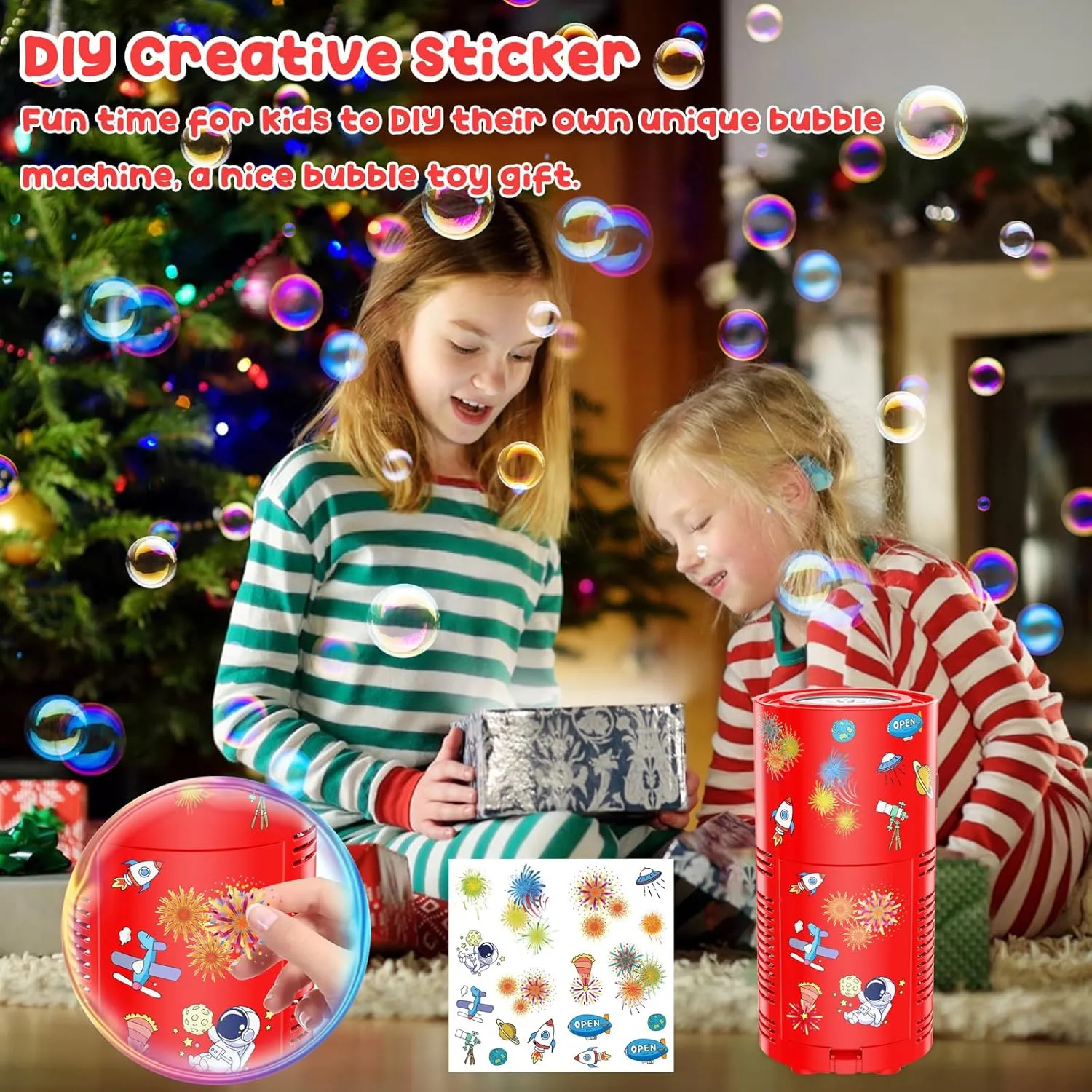 Fireworks Bubble Machine, Automatic Bubble Blower Rechargeable with Lights/DIY Sticker/10000  Bubbles/80ml Solution, Portable Bubble Machine Bubble Maker Toys for Kids Outdoor Party Wedding