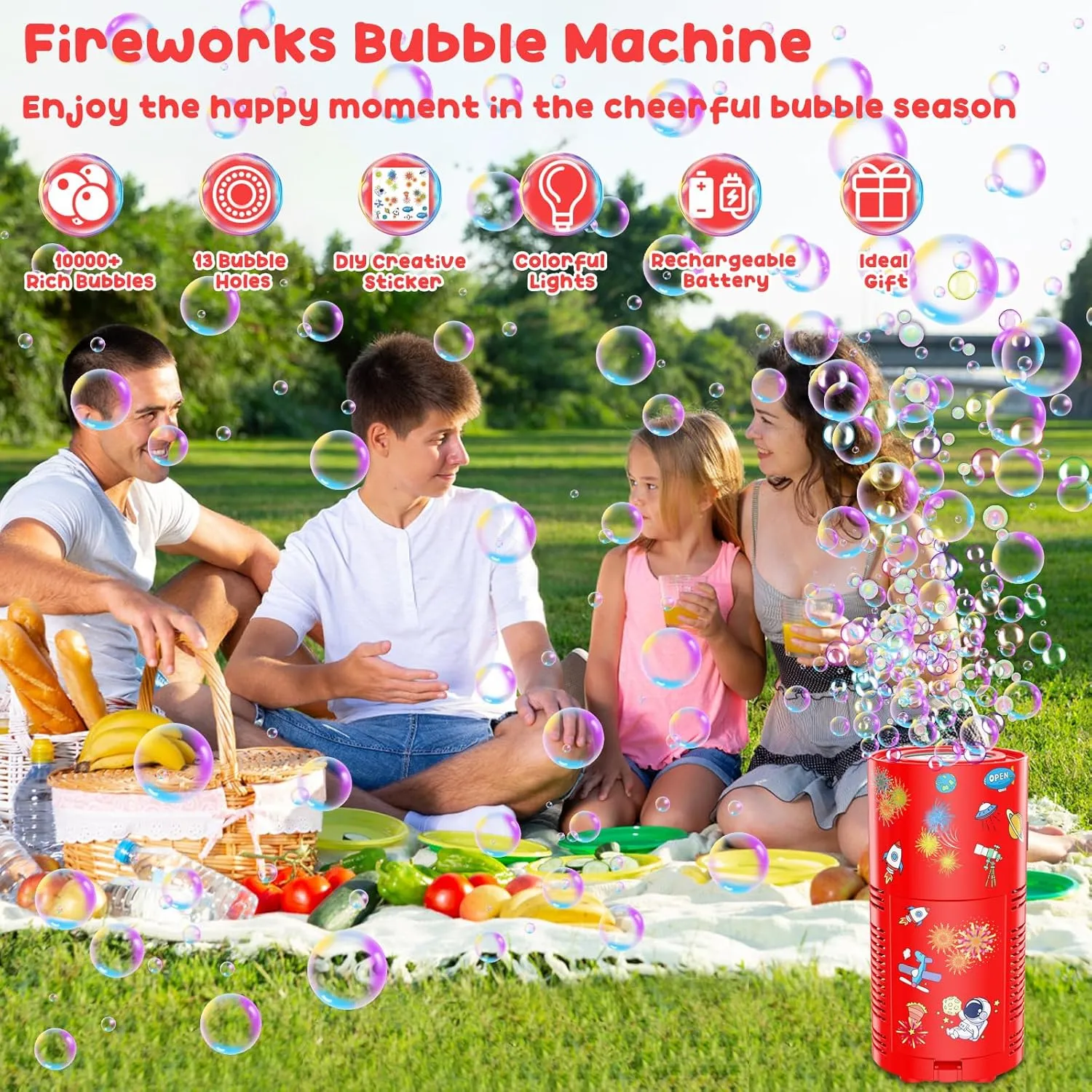 Fireworks Bubble Machine, Automatic Bubble Blower Rechargeable with Lights/DIY Sticker/10000  Bubbles/80ml Solution, Portable Bubble Machine Bubble Maker Toys for Kids Outdoor Party Wedding