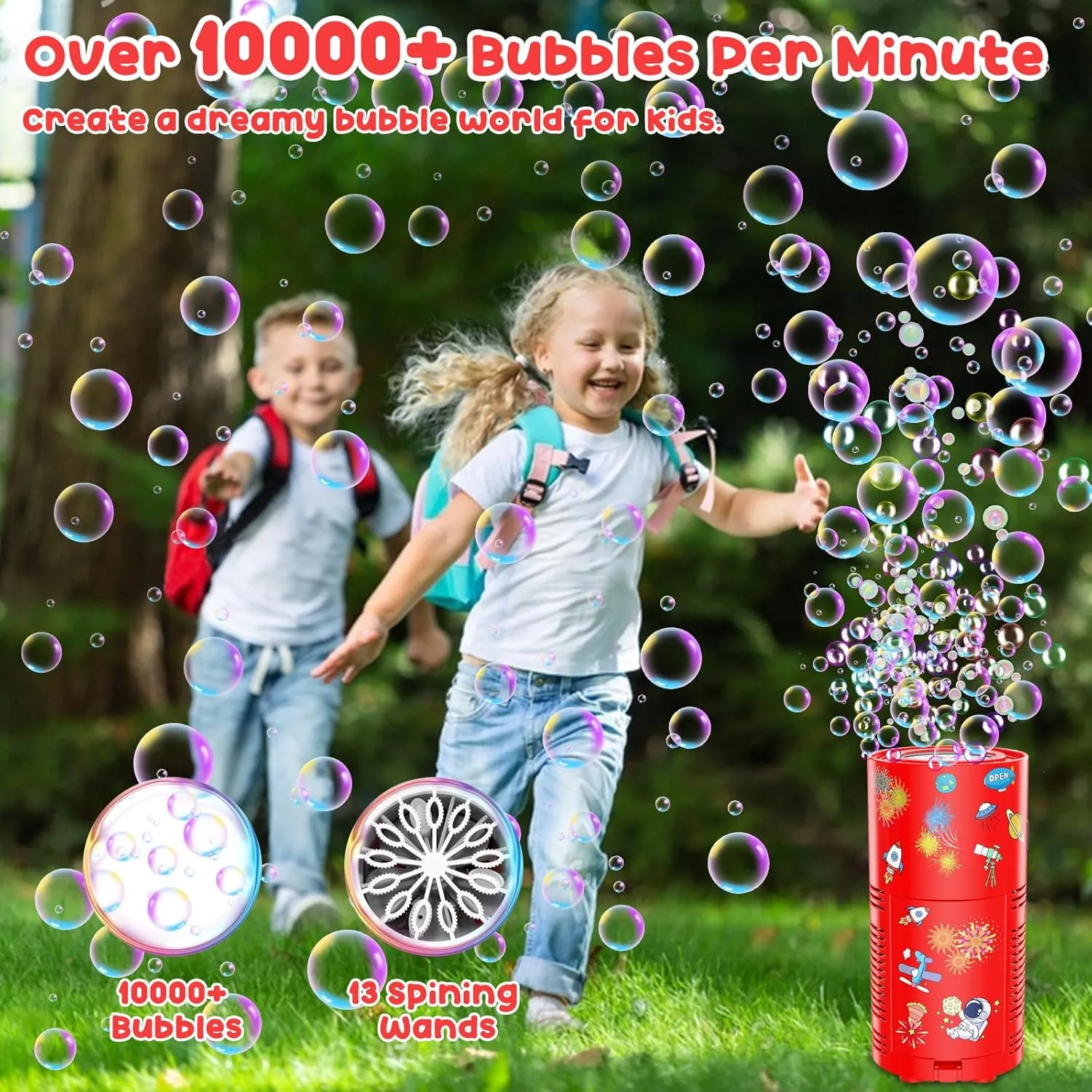 Fireworks Bubble Machine, Automatic Bubble Blower Rechargeable with Lights/DIY Sticker/10000  Bubbles/80ml Solution, Portable Bubble Machine Bubble Maker Toys for Kids Outdoor Party Wedding