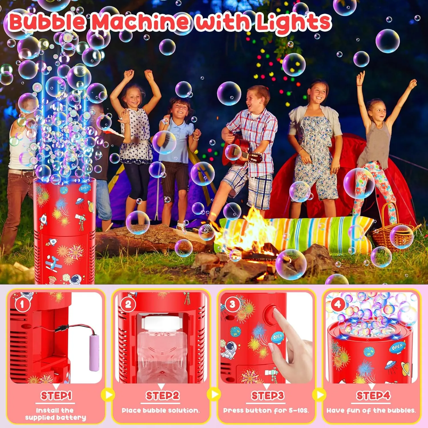Fireworks Bubble Machine, Automatic Bubble Blower Rechargeable with Lights/DIY Sticker/10000  Bubbles/80ml Solution, Portable Bubble Machine Bubble Maker Toys for Kids Outdoor Party Wedding