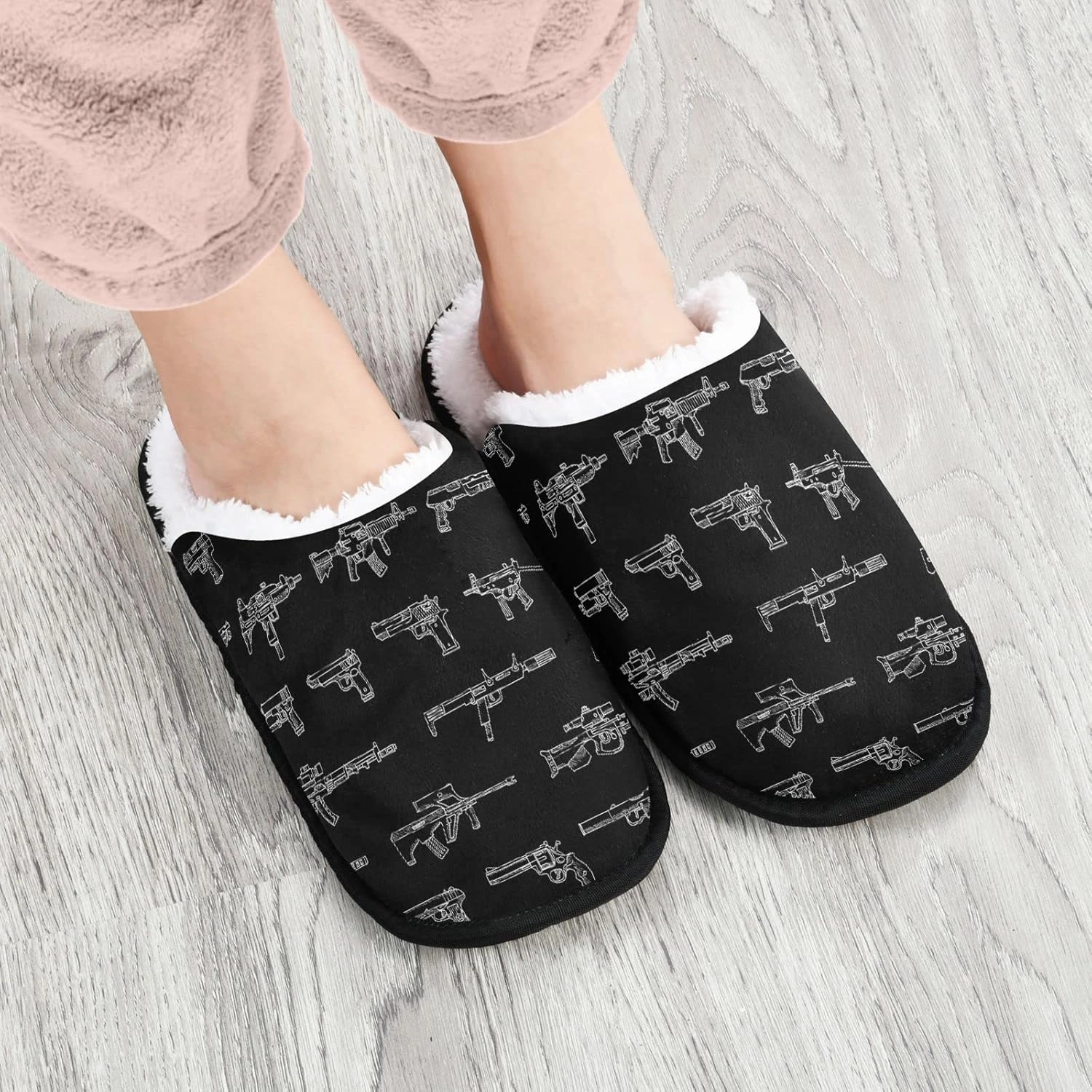 Fisyme Weapons Gun Slippers, Soft Memory Foam Non-Slip Indoor House Slippers Home Shoes for Bedroom Hotel Travel Spa