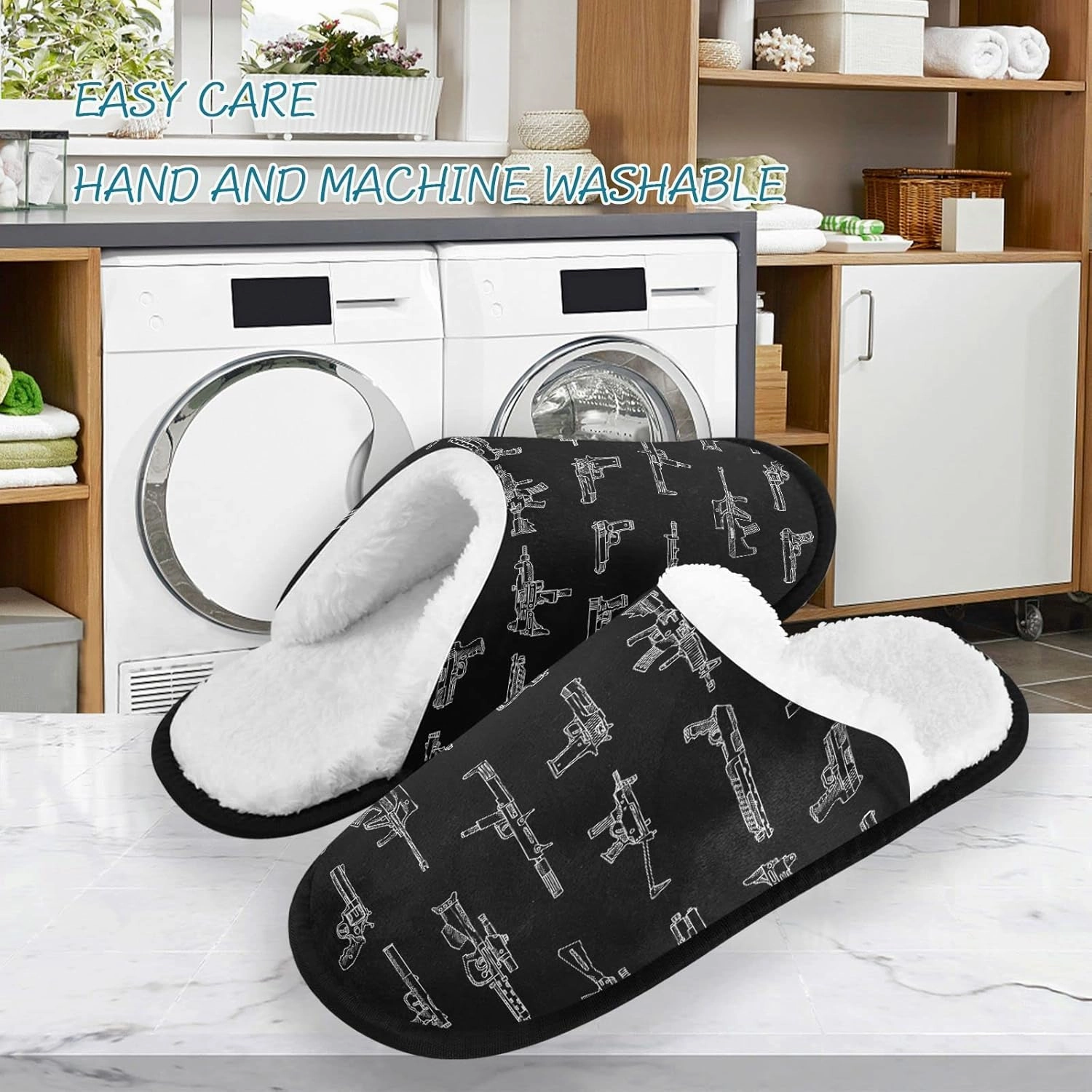 Fisyme Weapons Gun Slippers, Soft Memory Foam Non-Slip Indoor House Slippers Home Shoes for Bedroom Hotel Travel Spa