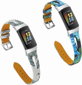 FitTurn Compatible with Fitbit Charge 6/Charge 5 Leather Bands Women Men Replacement Pastoral Style Printing Wristband Vent Holes Sport Strap for Charge 6/Charge 5 Advanced Fitness & Health Tracker