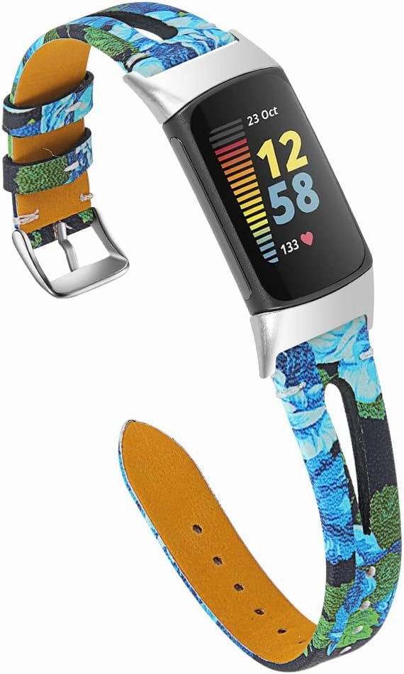 FitTurn Compatible with Fitbit Charge 6/Charge 5 Leather Bands Women Men Replacement Pastoral Style Printing Wristband Vent Holes Sport Strap for Charge 6/Charge 5 Advanced Fitness & Health Tracker