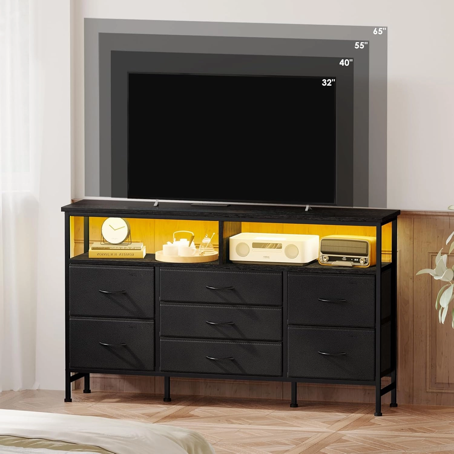 Fixwal 55 Inches Long Dresser Black Dresser for Bedroom with Power Outlets and LED Lights, 65-inch TV Stand with 7 Fabric Drawers, TV Stand for Bedroom Furniture, Chests of Drawers for Closet