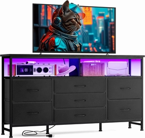Fixwal 55 Inches Long Dresser Black Dresser for Bedroom with Power Outlets and LED Lights, 65-inch TV Stand with 7 Fabric Drawers, TV Stand for Bedroom Furniture, Chests of Drawers for Closet