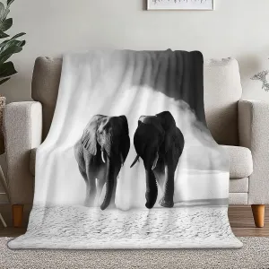 Flannel Grey Print Blanket 50" x 60", Lightweight Fluffy Plush Fuzzy Bed Blanket for Bedding Sofa and Travel, Mystic Desert Elephant Golden Sands Theme All Seasons Fleece Bed Blanket