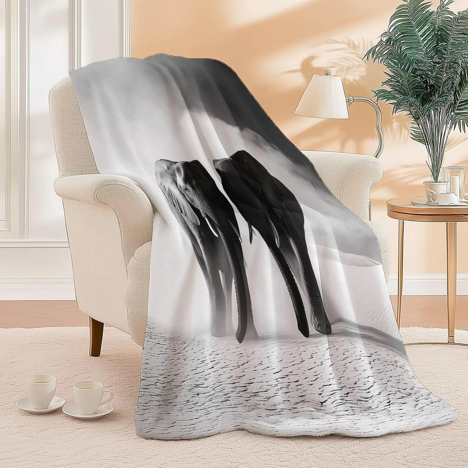 Flannel Grey Print Blanket 50" x 60", Lightweight Fluffy Plush Fuzzy Bed Blanket for Bedding Sofa and Travel, Mystic Desert Elephant Golden Sands Theme All Seasons Fleece Bed Blanket