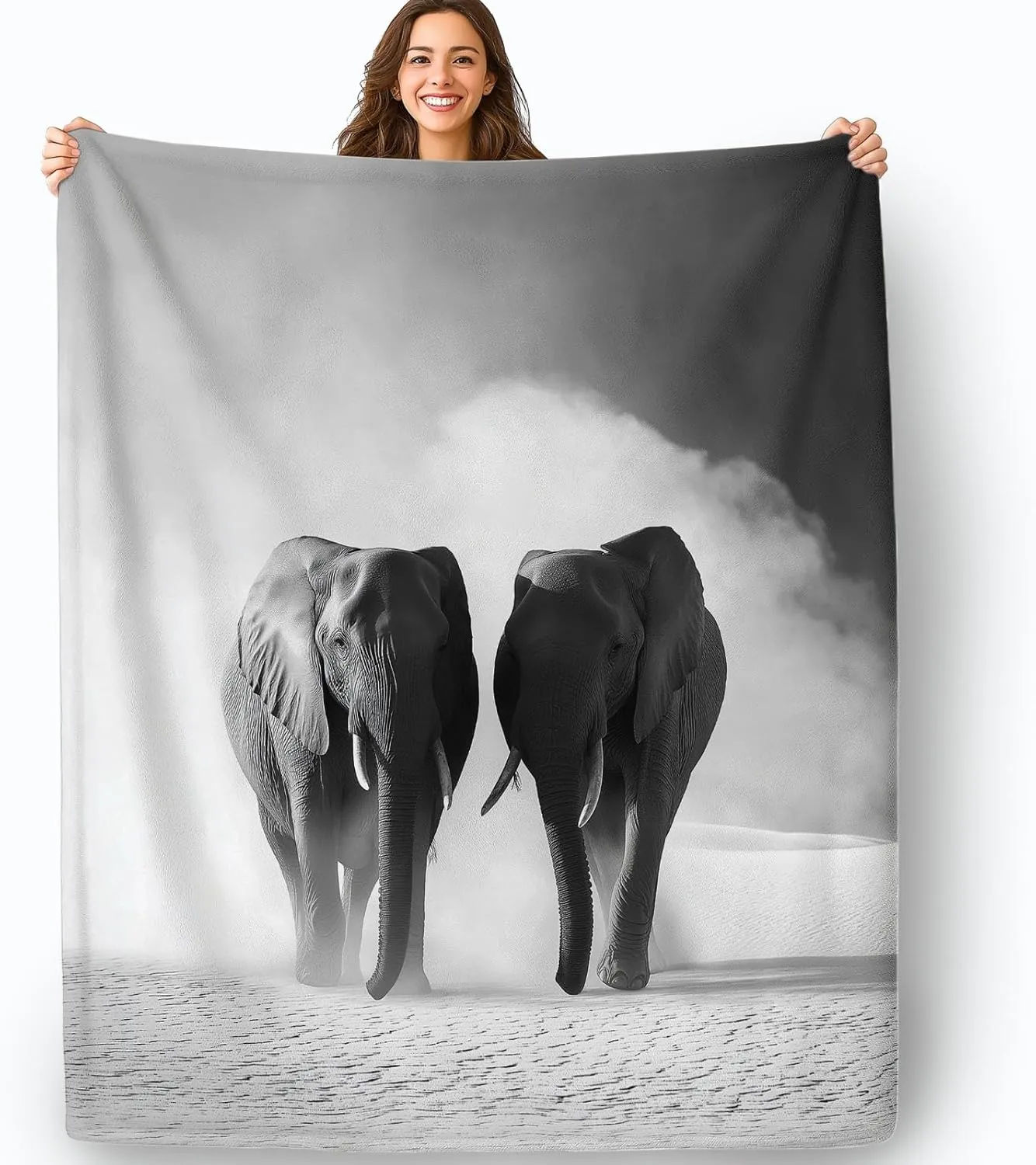 Flannel Grey Print Blanket 50" x 60", Lightweight Fluffy Plush Fuzzy Bed Blanket for Bedding Sofa and Travel, Mystic Desert Elephant Golden Sands Theme All Seasons Fleece Bed Blanket