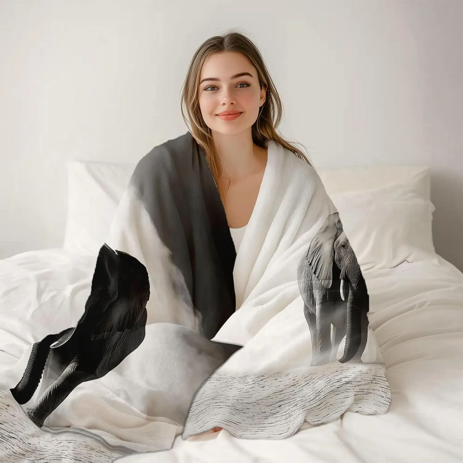 Flannel Grey Print Blanket 50" x 60", Lightweight Fluffy Plush Fuzzy Bed Blanket for Bedding Sofa and Travel, Mystic Desert Elephant Golden Sands Theme All Seasons Fleece Bed Blanket