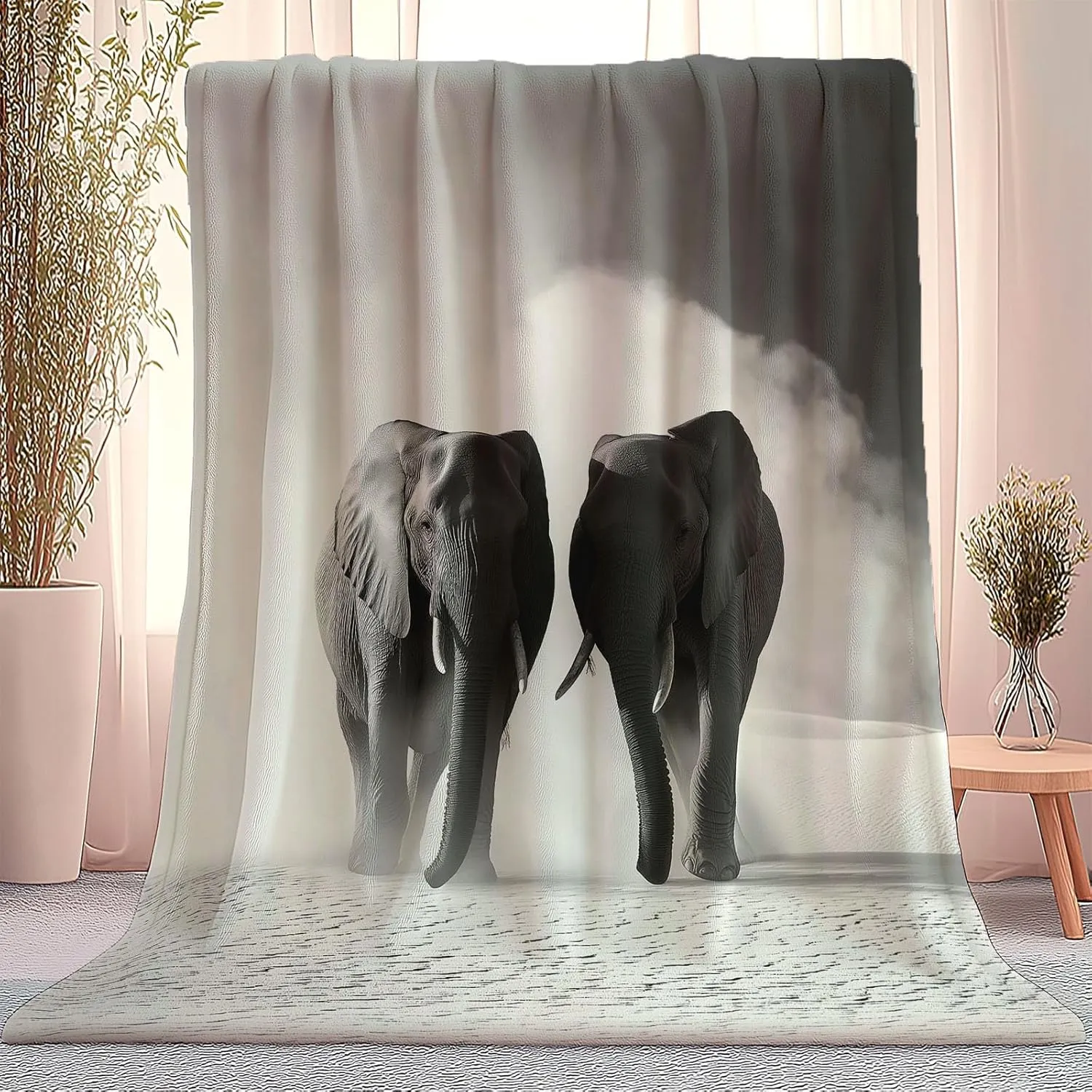 Flannel Grey Print Blanket 50" x 60", Lightweight Fluffy Plush Fuzzy Bed Blanket for Bedding Sofa and Travel, Mystic Desert Elephant Golden Sands Theme All Seasons Fleece Bed Blanket