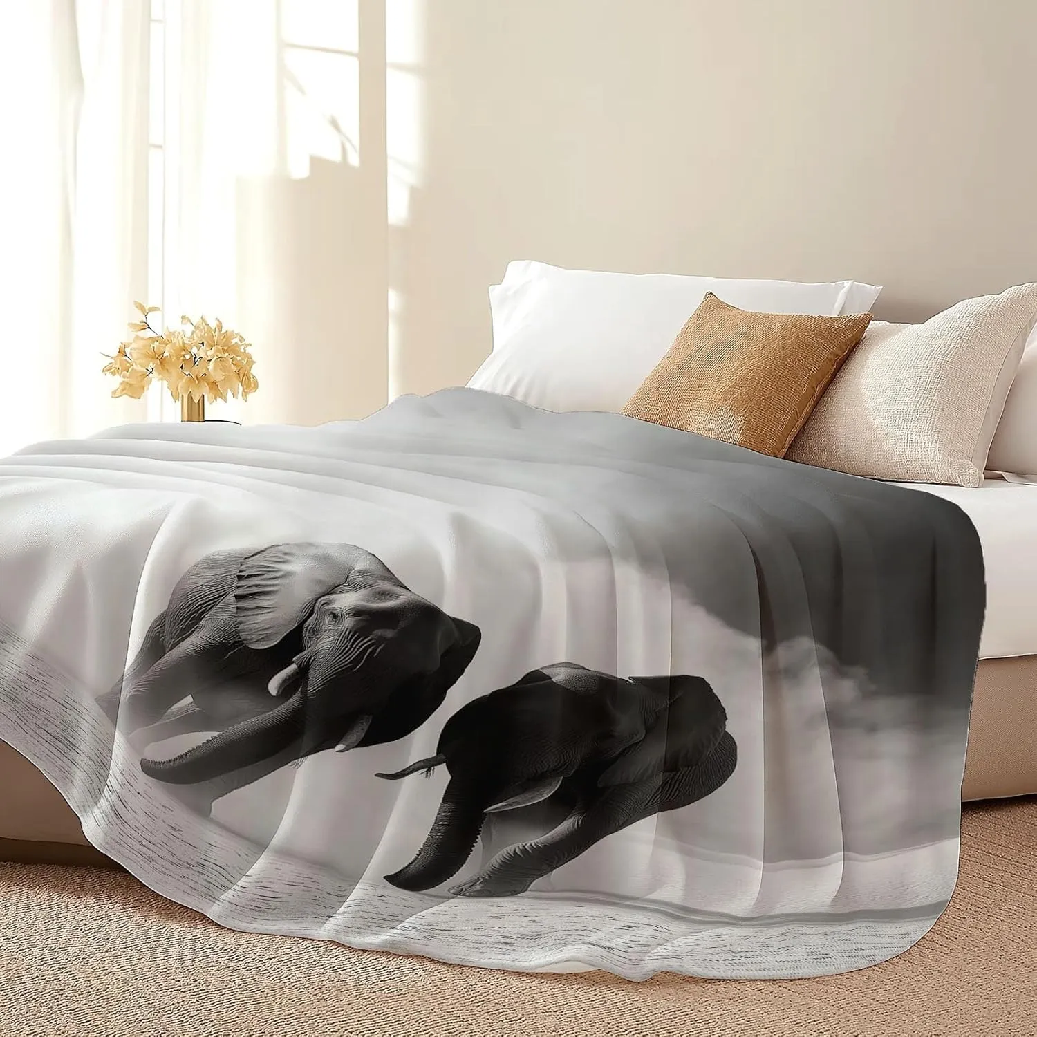 Flannel Grey Print Blanket 50" x 60", Lightweight Fluffy Plush Fuzzy Bed Blanket for Bedding Sofa and Travel, Mystic Desert Elephant Golden Sands Theme All Seasons Fleece Bed Blanket